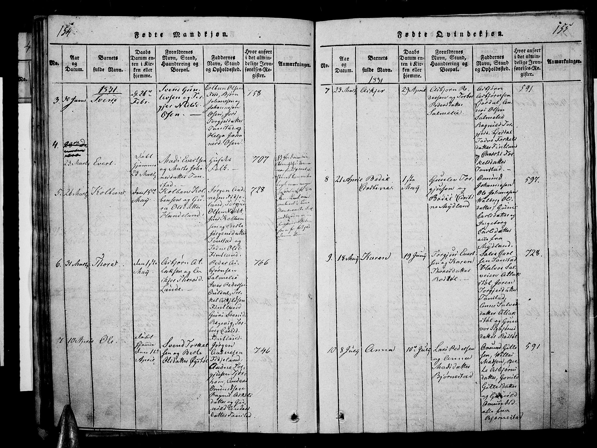 Sirdal sokneprestkontor, AV/SAK-1111-0036/F/Fa/Fab/L0001: Parish register (official) no. A 1, 1815-1834, p. 154-155