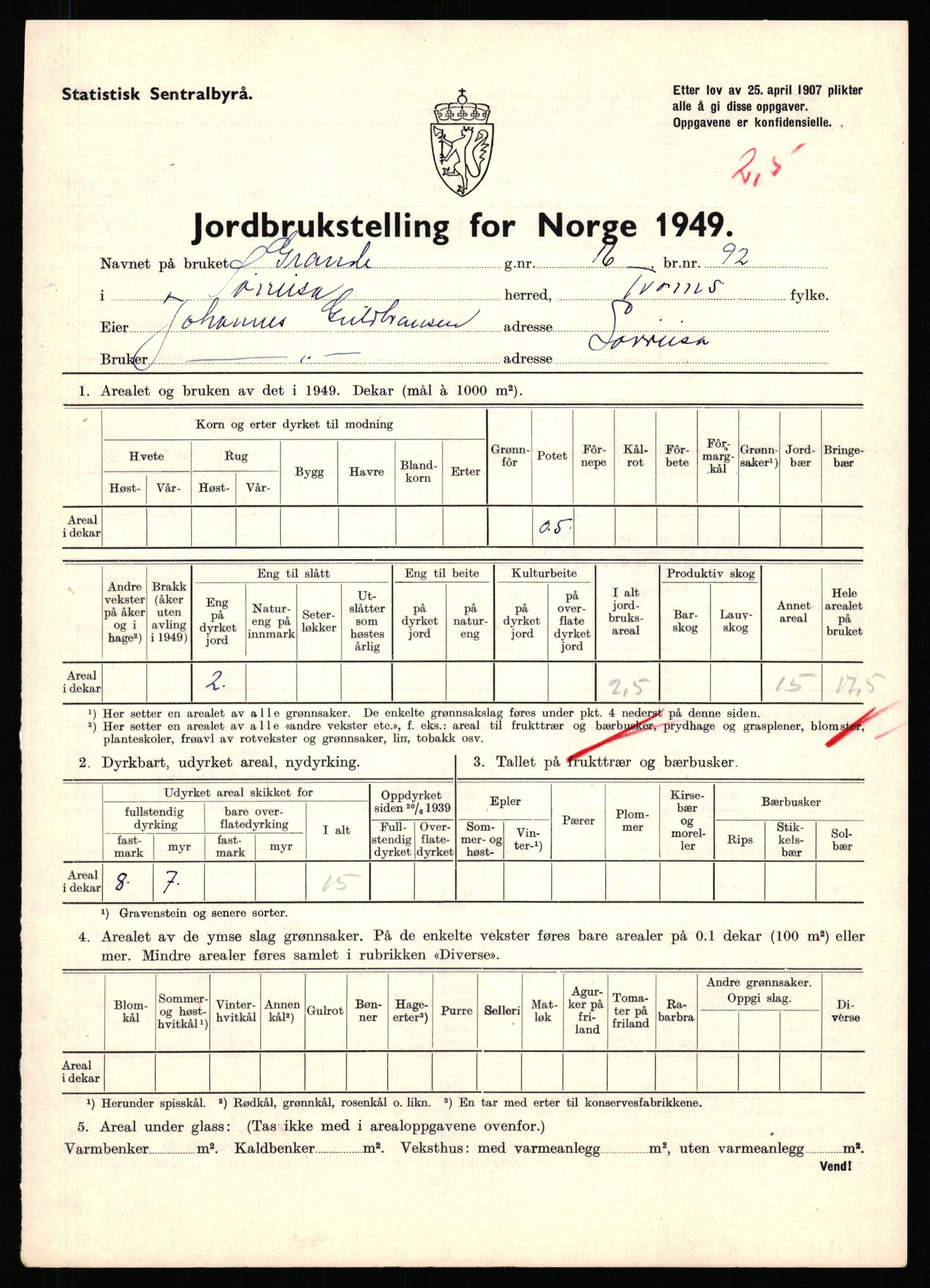 Statistisk sentralbyrå, Næringsøkonomiske emner, Jordbruk, skogbruk, jakt, fiske og fangst, AV/RA-S-2234/G/Gc/L0440: Troms: Sørreisa og Dyrøy, 1949, p. 39