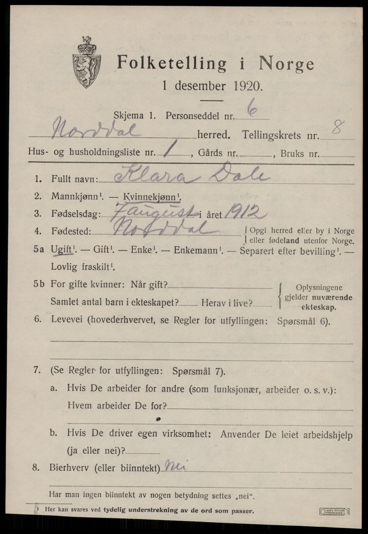 SAT, 1920 census for Norddal, 1920, p. 4047