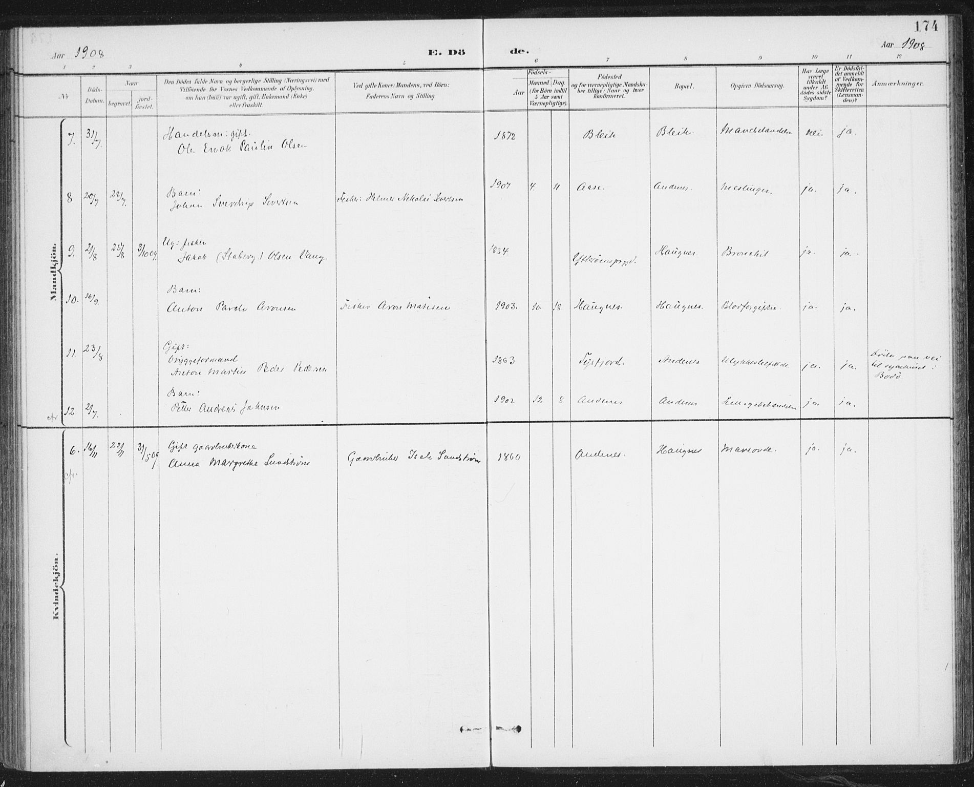 Ministerialprotokoller, klokkerbøker og fødselsregistre - Nordland, AV/SAT-A-1459/899/L1437: Parish register (official) no. 899A05, 1897-1908, p. 174