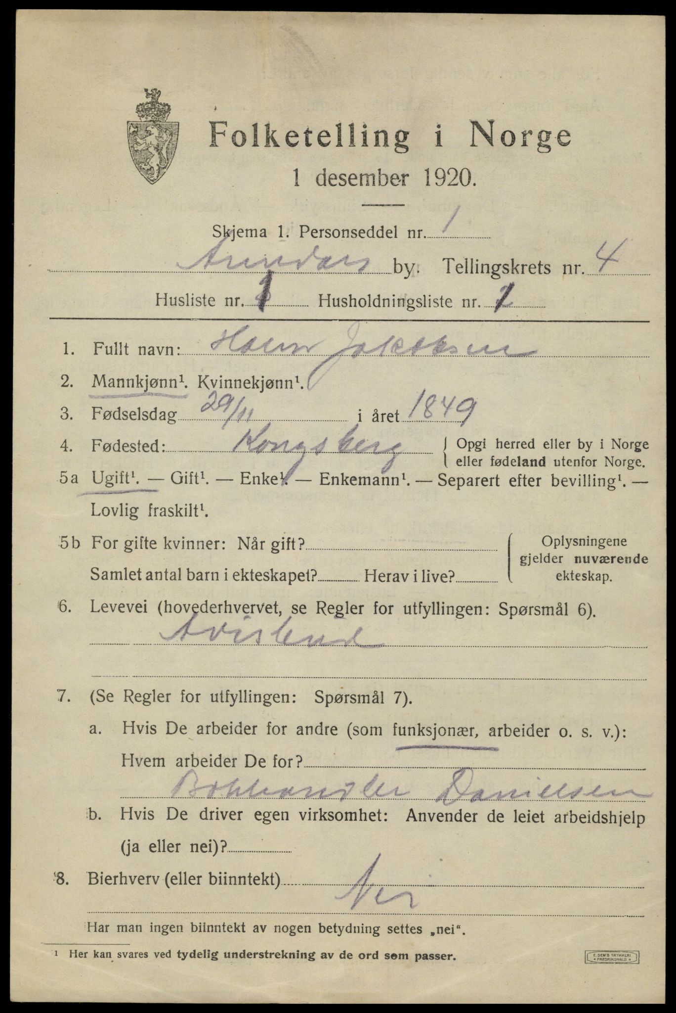 SAK, 1920 census for Arendal, 1920, p. 11612