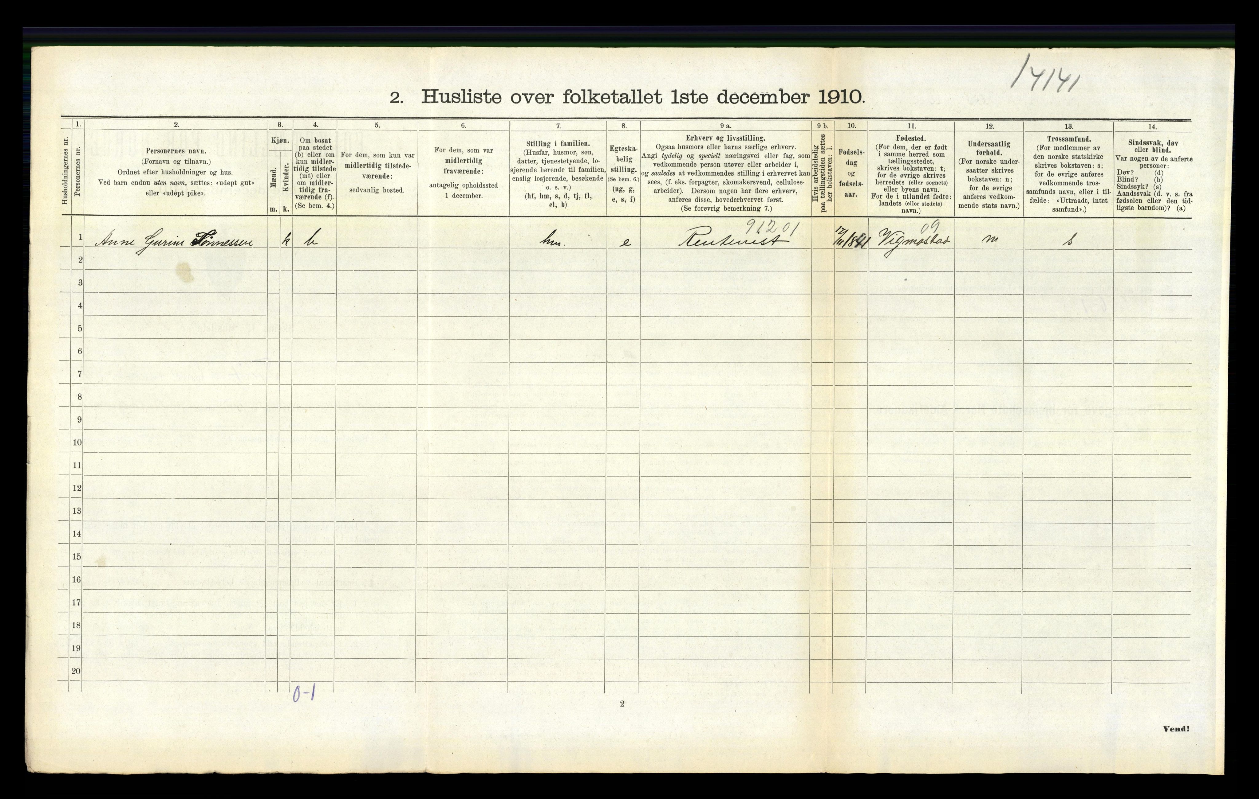 RA, 1910 census for Tveit, 1910, p. 542