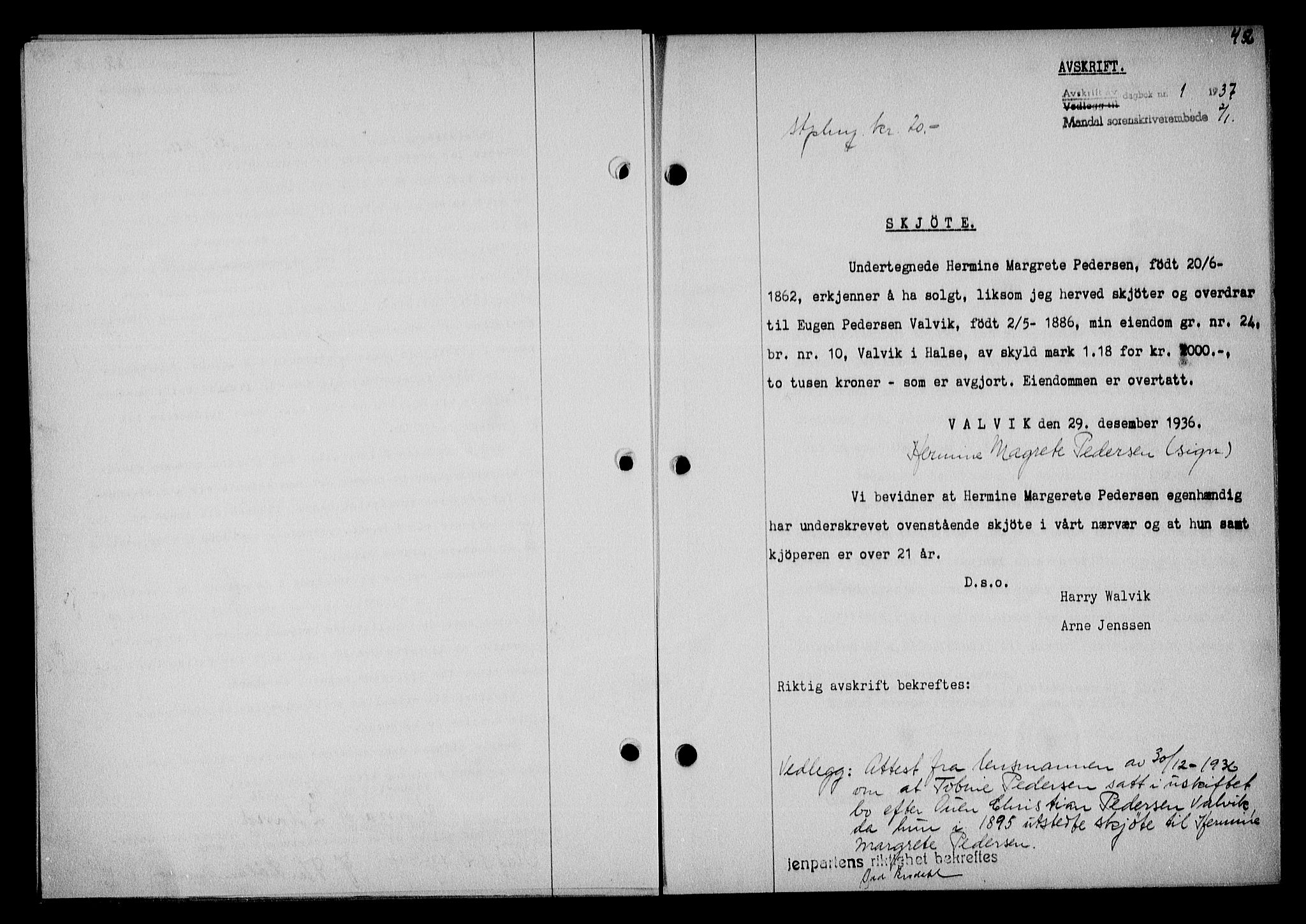 Mandal sorenskriveri, SAK/1221-0005/001/G/Gb/Gba/L0070: Mortgage book no. A-7, 1936-1937, Diary no: : 1/1937