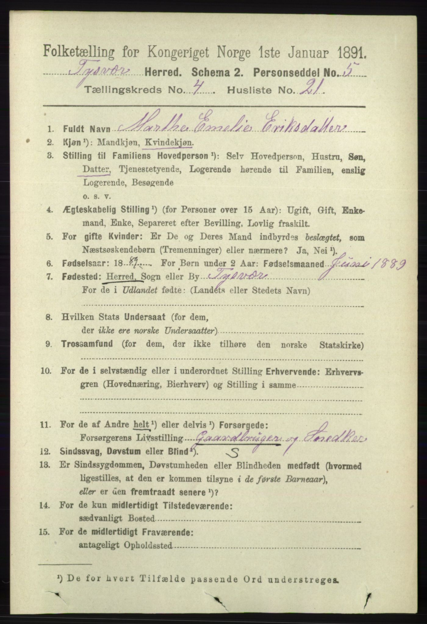 RA, 1891 census for 1146 Tysvær, 1891, p. 1625