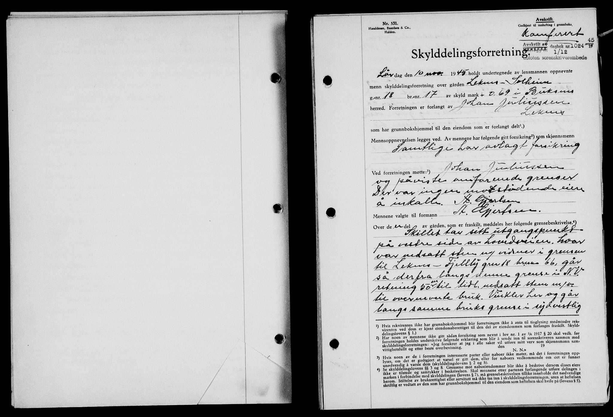 Lofoten sorenskriveri, SAT/A-0017/1/2/2C/L0013a: Mortgage book no. 13a, 1944-1946, Diary no: : 1024/1945