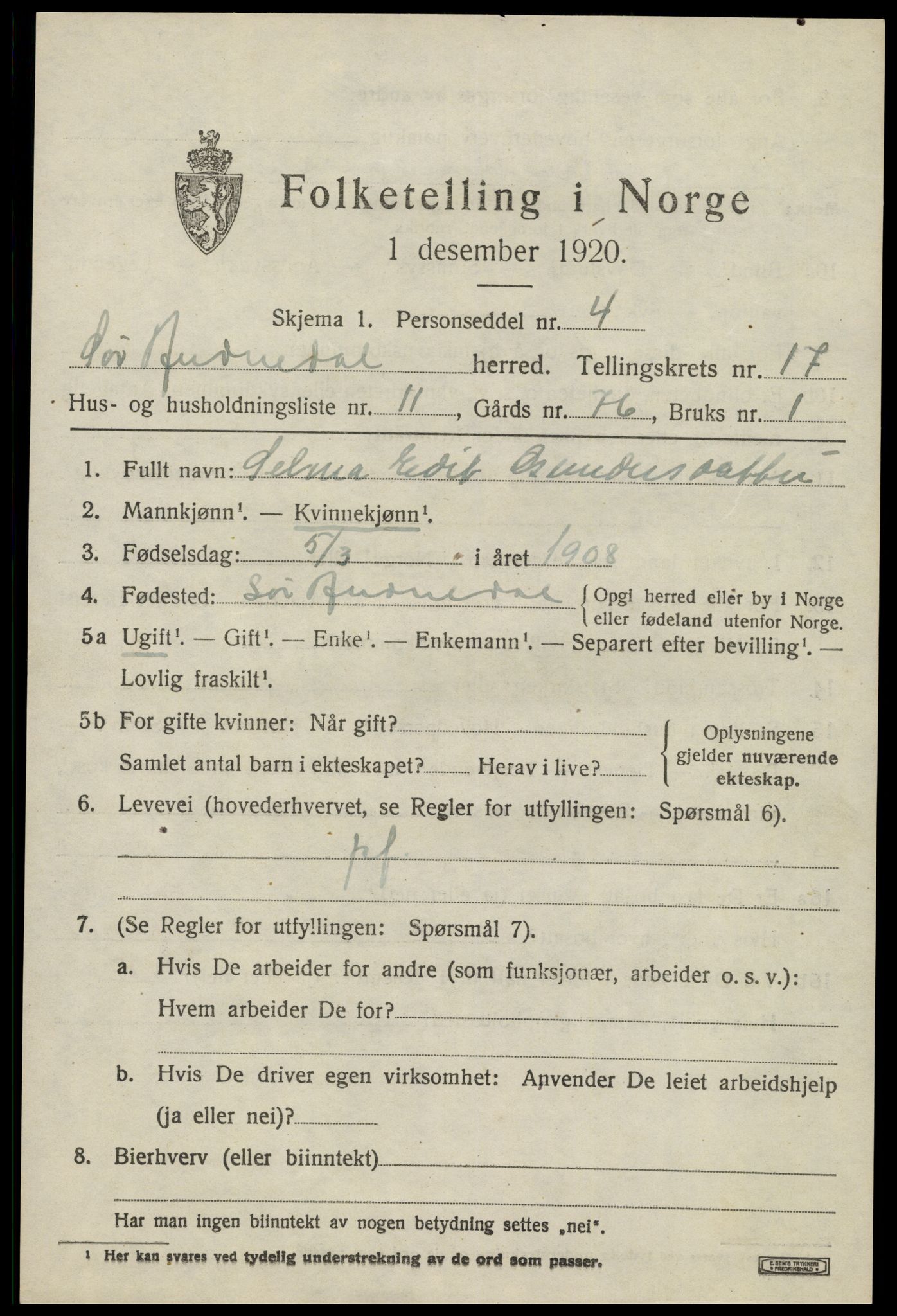 SAK, 1920 census for Sør-Audnedal, 1920, p. 6397