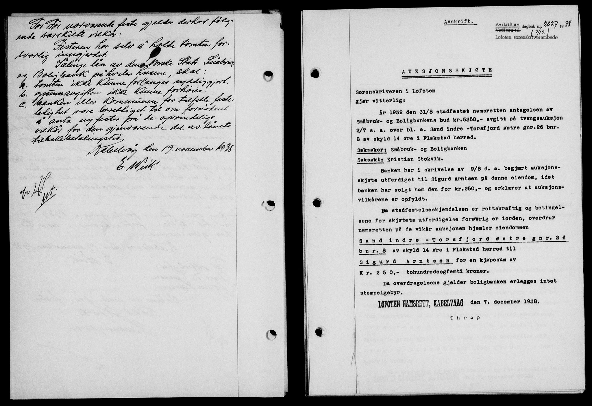 Lofoten sorenskriveri, SAT/A-0017/1/2/2C/L0005a: Mortgage book no. 5a, 1939-1939, Diary no: : 2627/1938
