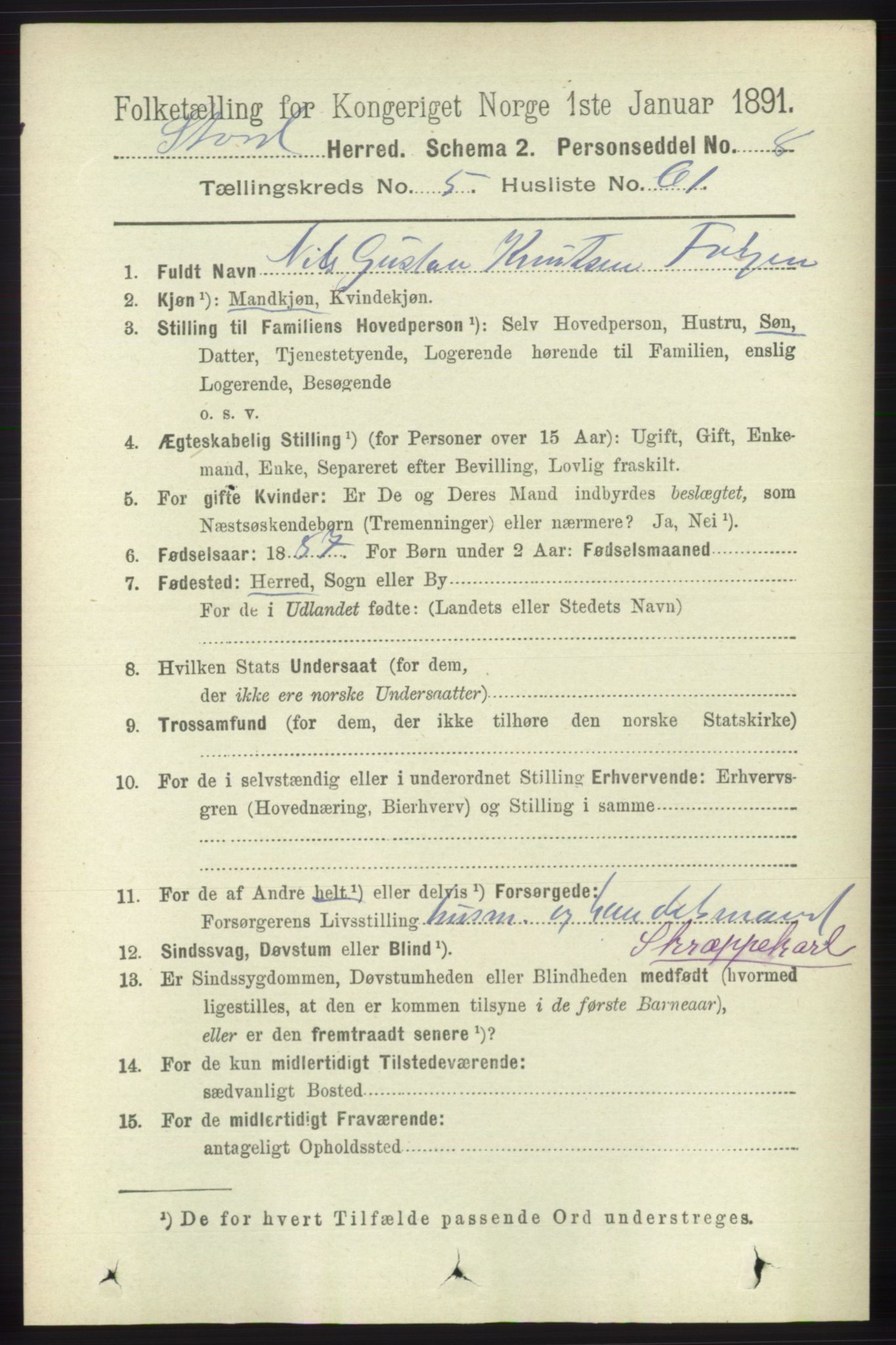 RA, 1891 census for 1221 Stord, 1891, p. 2003