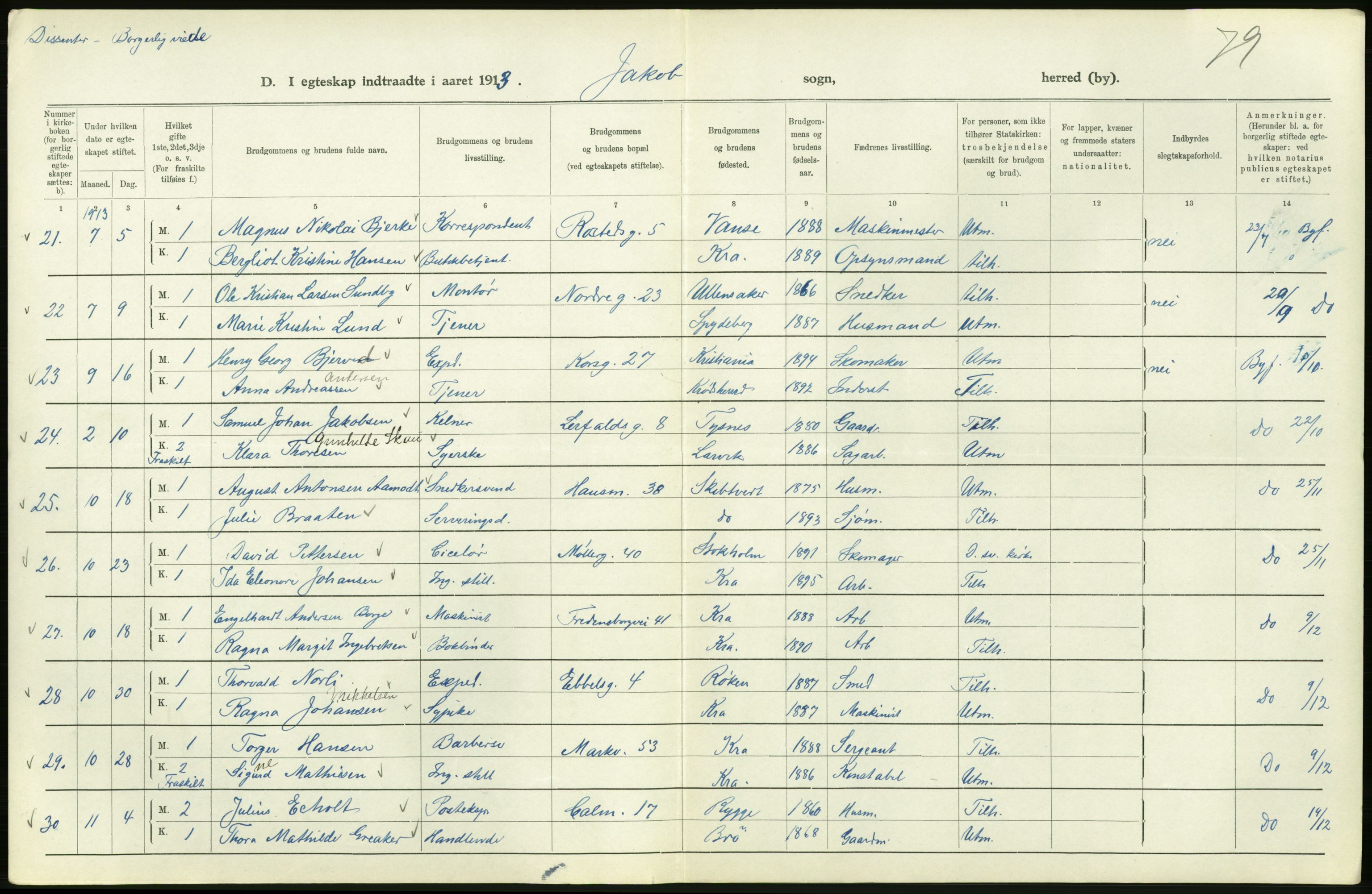 Statistisk sentralbyrå, Sosiodemografiske emner, Befolkning, AV/RA-S-2228/D/Df/Dfb/Dfbc/L0008: Kristiania: Gifte., 1913, p. 274