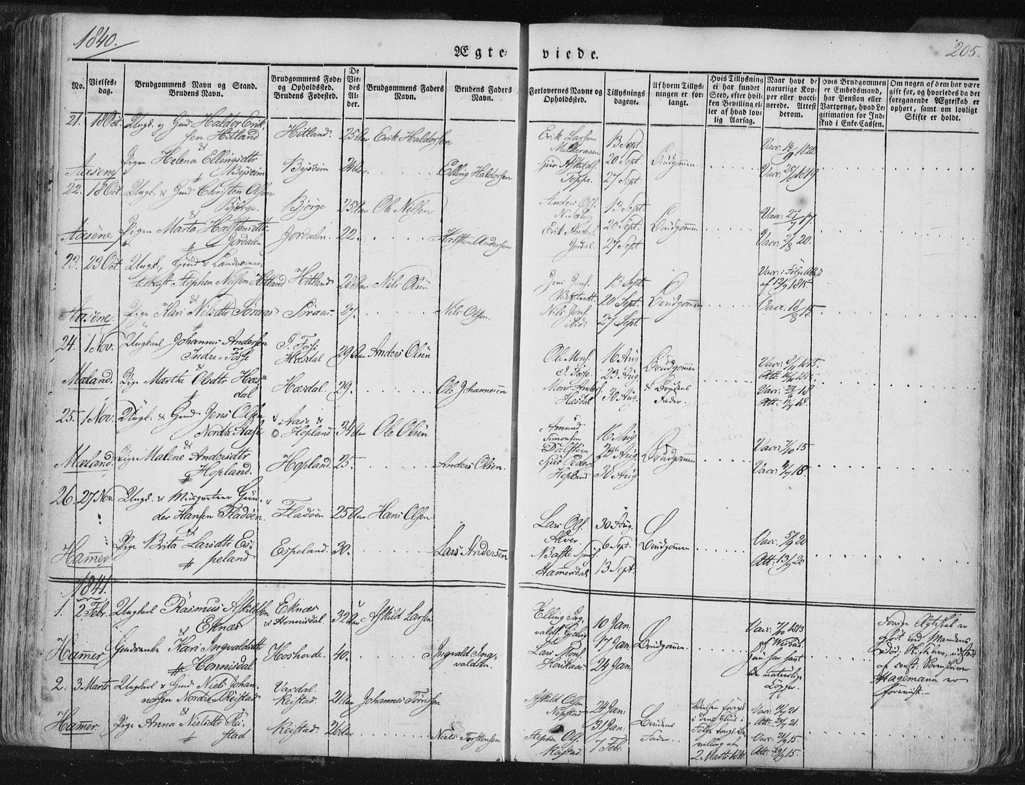 Hamre sokneprestembete, SAB/A-75501/H/Ha/Haa/Haaa/L0012: Parish register (official) no. A 12, 1834-1845, p. 205