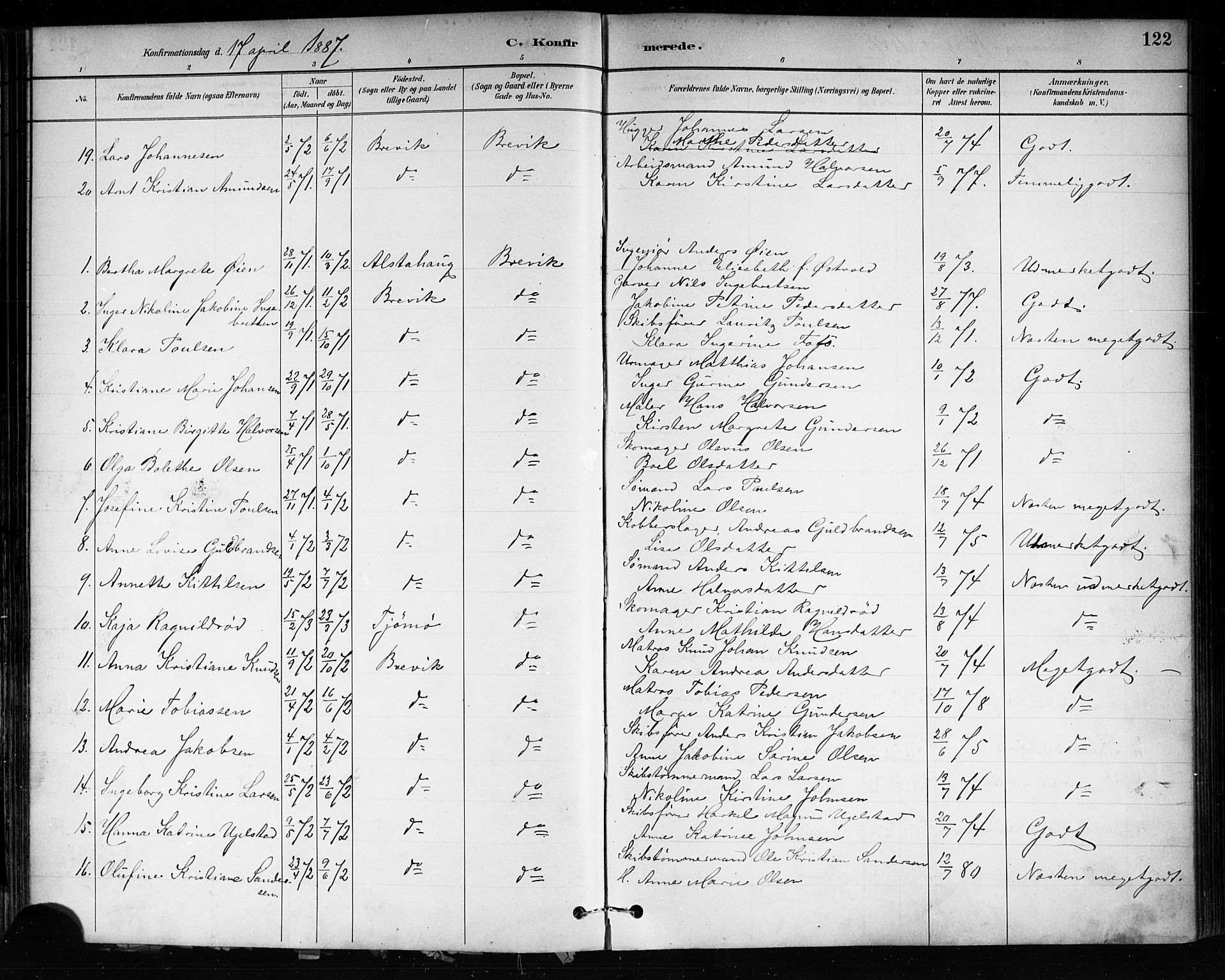 Brevik kirkebøker, SAKO/A-255/F/Fa/L0007: Parish register (official) no. 7, 1882-1900, p. 122