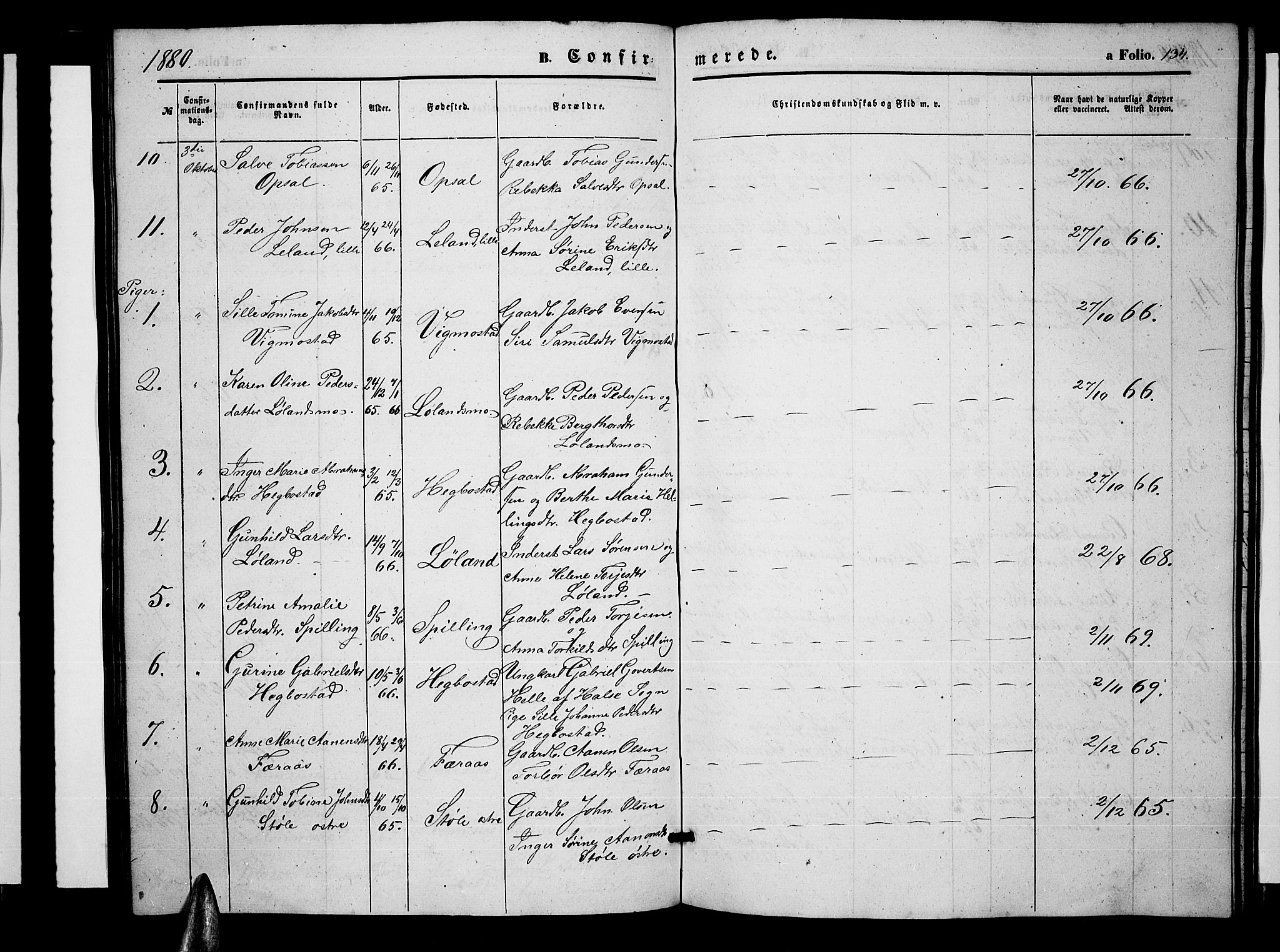 Nord-Audnedal sokneprestkontor, AV/SAK-1111-0032/F/Fb/Fbb/L0002: Parish register (copy) no. B 2, 1859-1882, p. 134