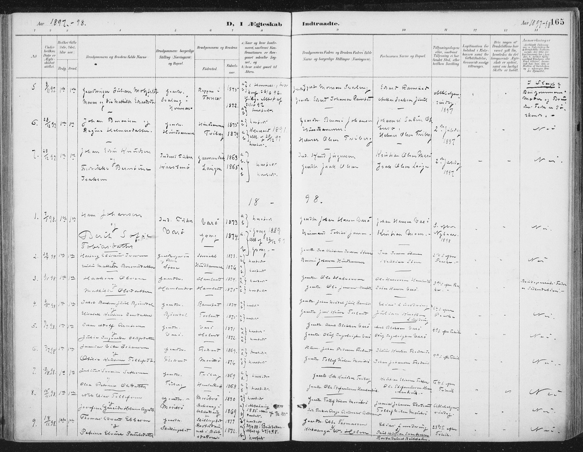 Ministerialprotokoller, klokkerbøker og fødselsregistre - Nord-Trøndelag, SAT/A-1458/784/L0673: Parish register (official) no. 784A08, 1888-1899, p. 165