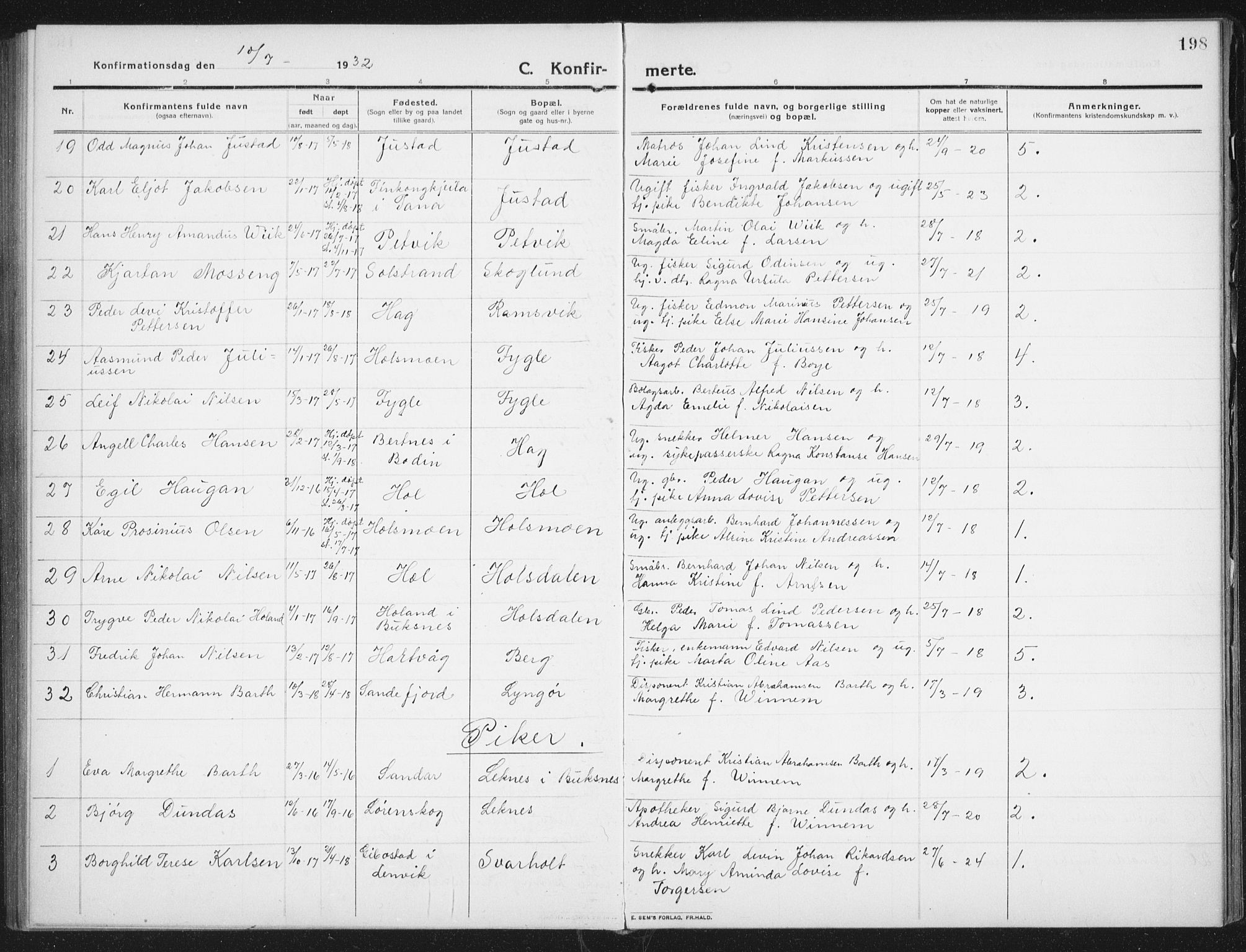 Ministerialprotokoller, klokkerbøker og fødselsregistre - Nordland, AV/SAT-A-1459/882/L1183: Parish register (copy) no. 882C01, 1911-1938, p. 198