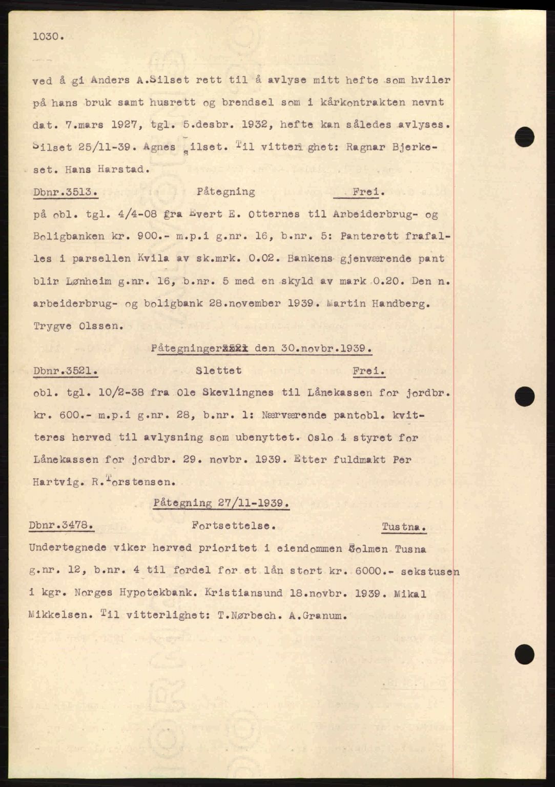 Nordmøre sorenskriveri, AV/SAT-A-4132/1/2/2Ca: Mortgage book no. C80, 1936-1939, Diary no: : 3513/1939