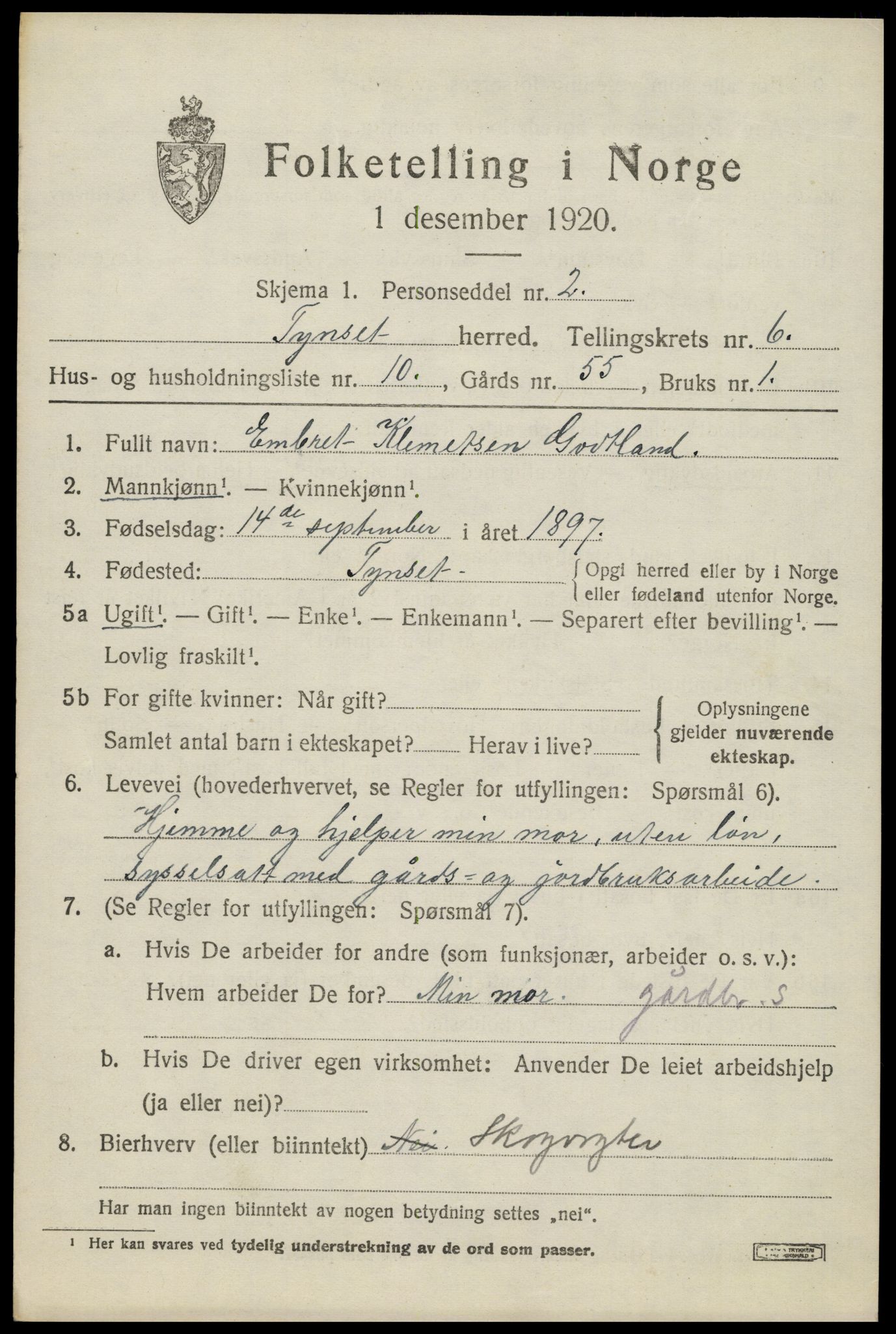 SAH, 1920 census for Tynset, 1920, p. 5630