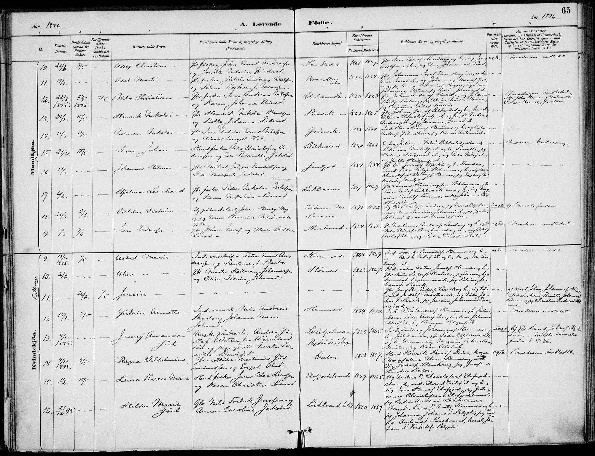 Ministerialprotokoller, klokkerbøker og fødselsregistre - Nordland, AV/SAT-A-1459/825/L0362: Parish register (official) no. 825A16, 1886-1908, p. 65