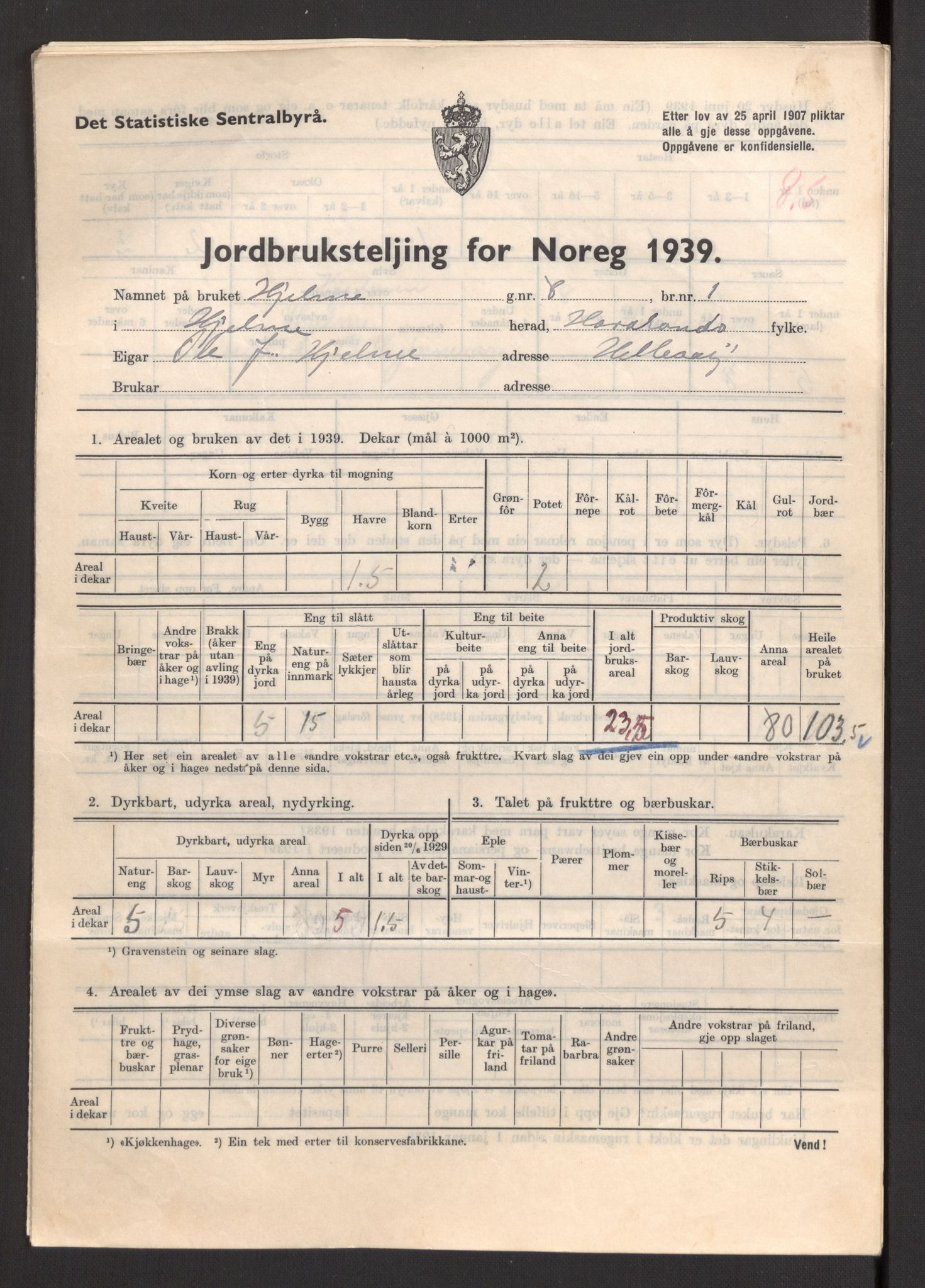 Statistisk sentralbyrå, Næringsøkonomiske emner, Jordbruk, skogbruk, jakt, fiske og fangst, AV/RA-S-2234/G/Gb/L0211: Hordaland: Herdla, Hjelme og Manger, 1939, p. 1351