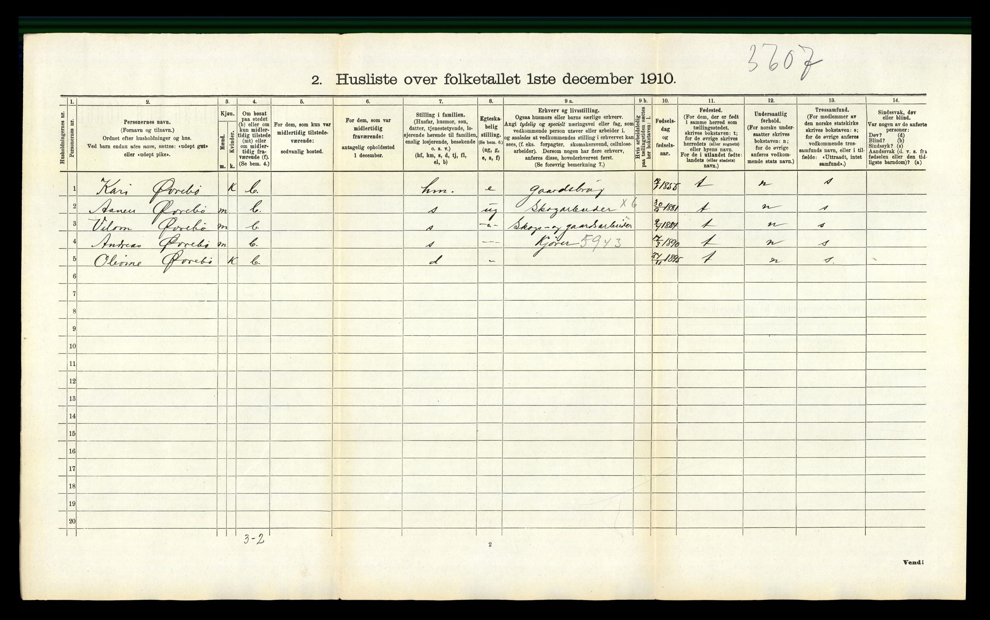 RA, 1910 census for Bjelland, 1910, p. 91