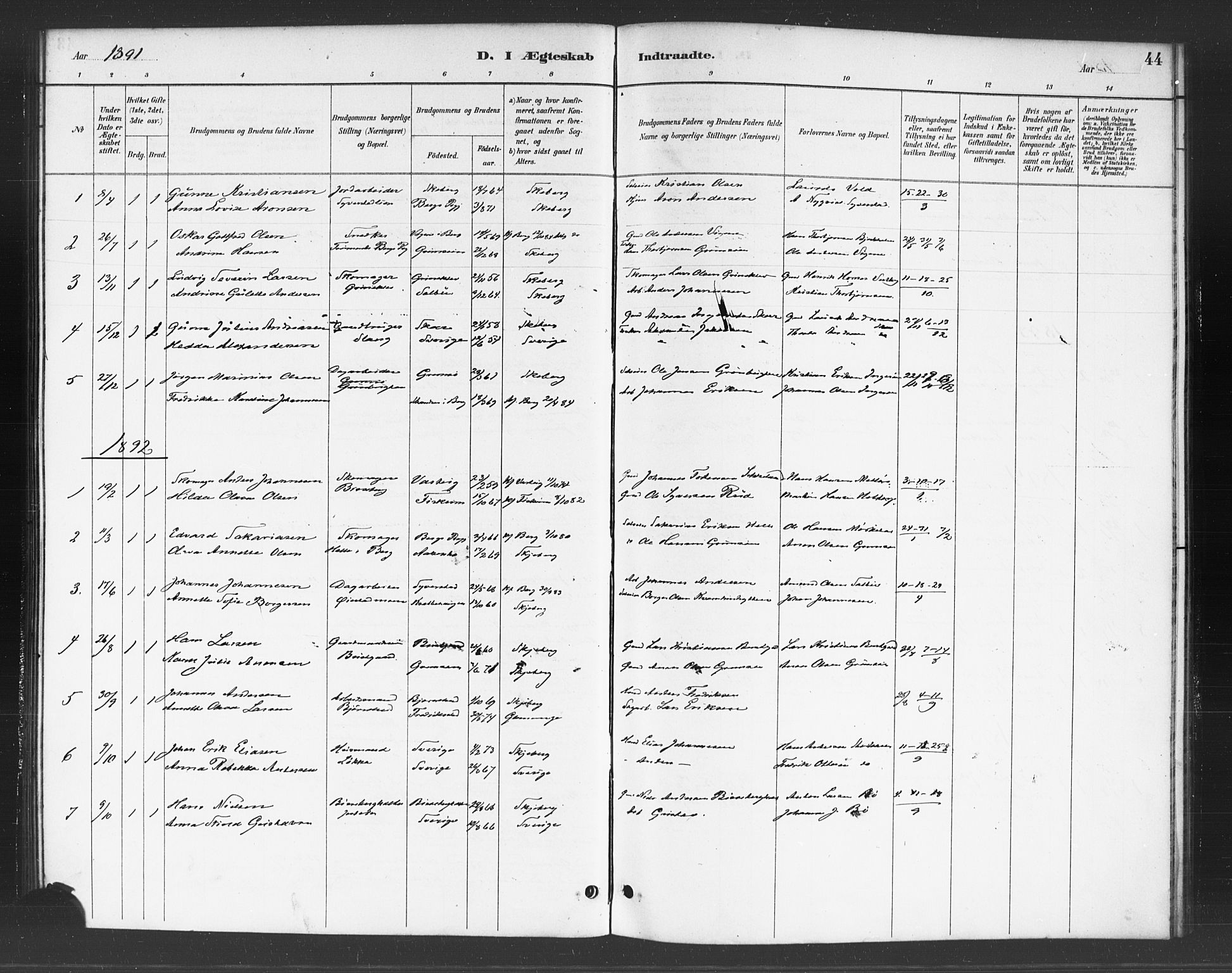 Skjeberg prestekontor Kirkebøker, AV/SAO-A-10923/F/Fc/L0001: Parish register (official) no. III 1, 1886-1897, p. 44