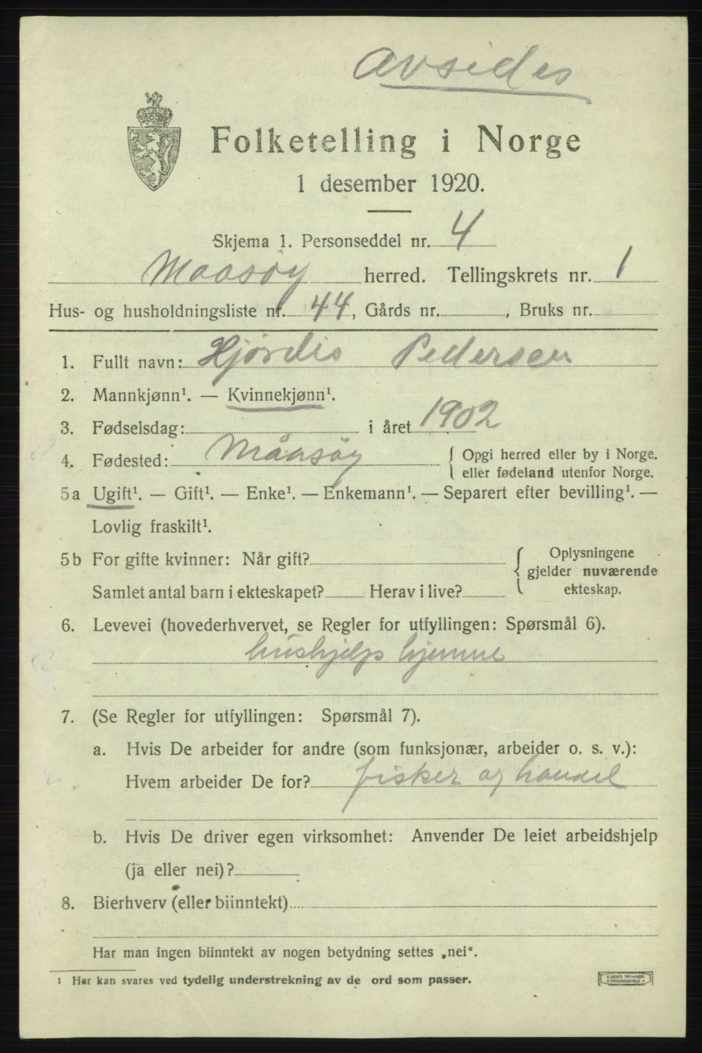 SATØ, 1920 census for Måsøy, 1920, p. 1296