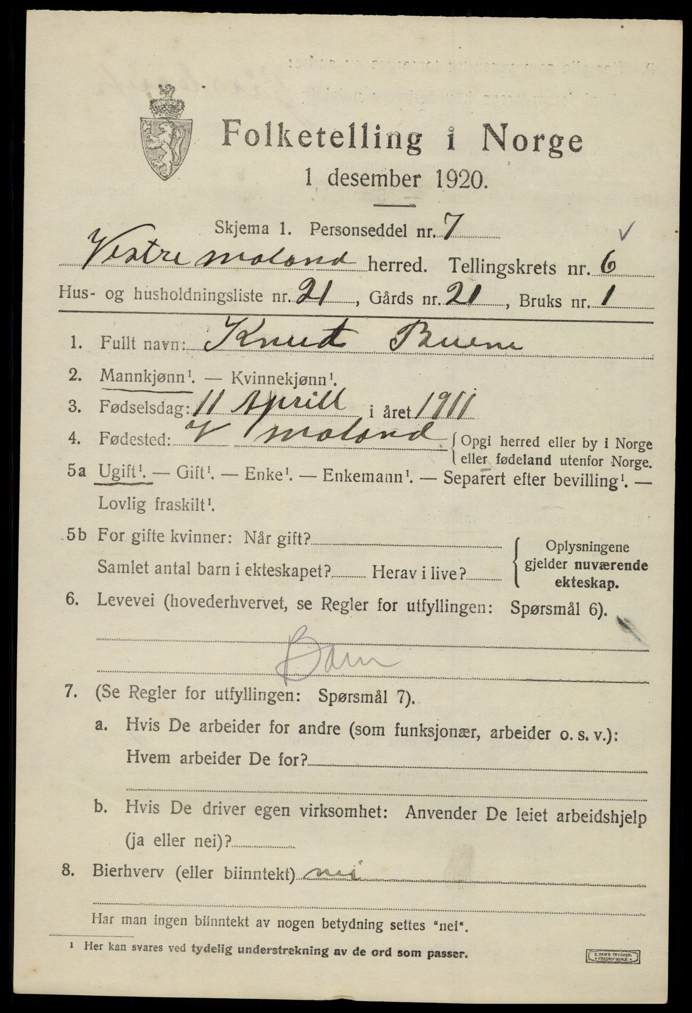 SAK, 1920 census for Vestre Moland, 1920, p. 4753