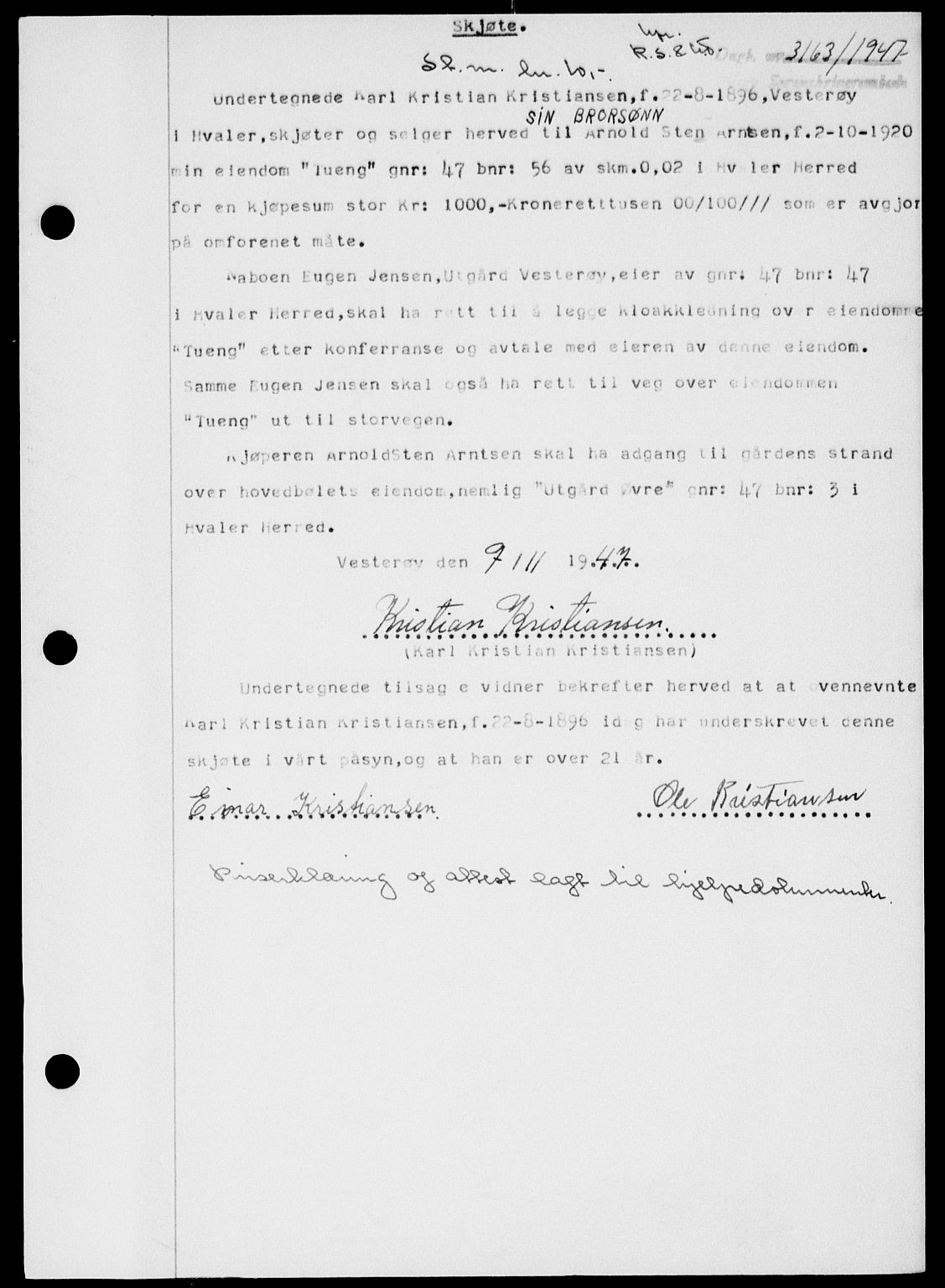 Onsøy sorenskriveri, SAO/A-10474/G/Ga/Gab/L0021: Mortgage book no. II A-21, 1947-1947, Diary no: : 3163/1947