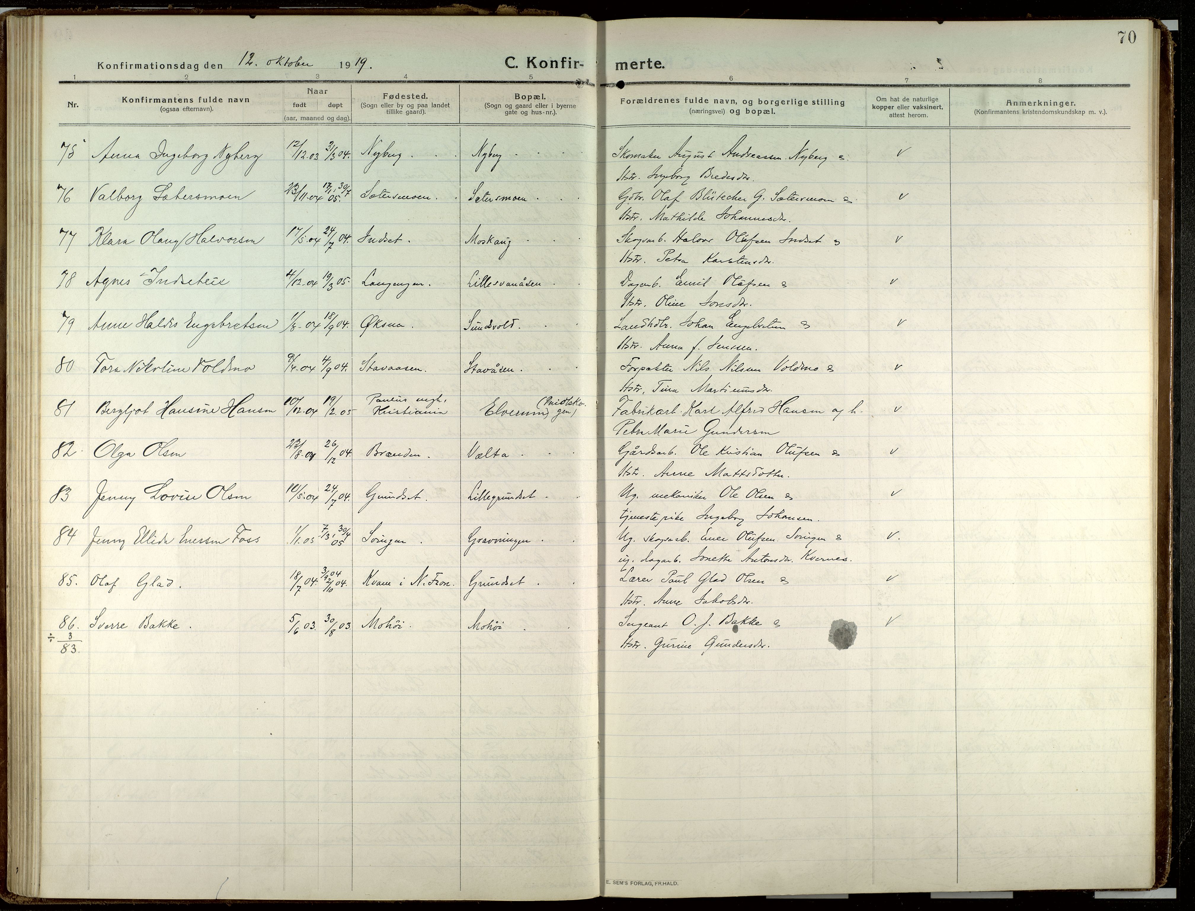 Elverum prestekontor, AV/SAH-PREST-044/H/Ha/Haa/L0023: Parish register (official) no. 23, 1914-1929, p. 70