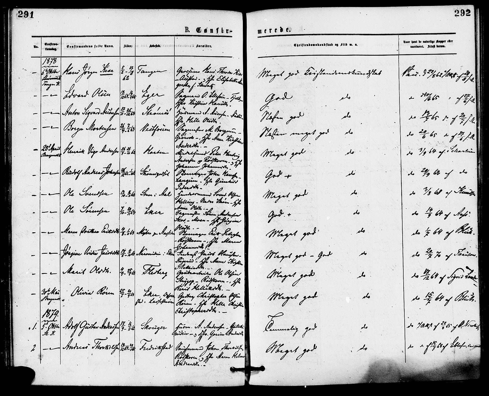 Skoger kirkebøker, SAKO/A-59/F/Fa/L0005: Parish register (official) no. I 5, 1873-1884, p. 291-292