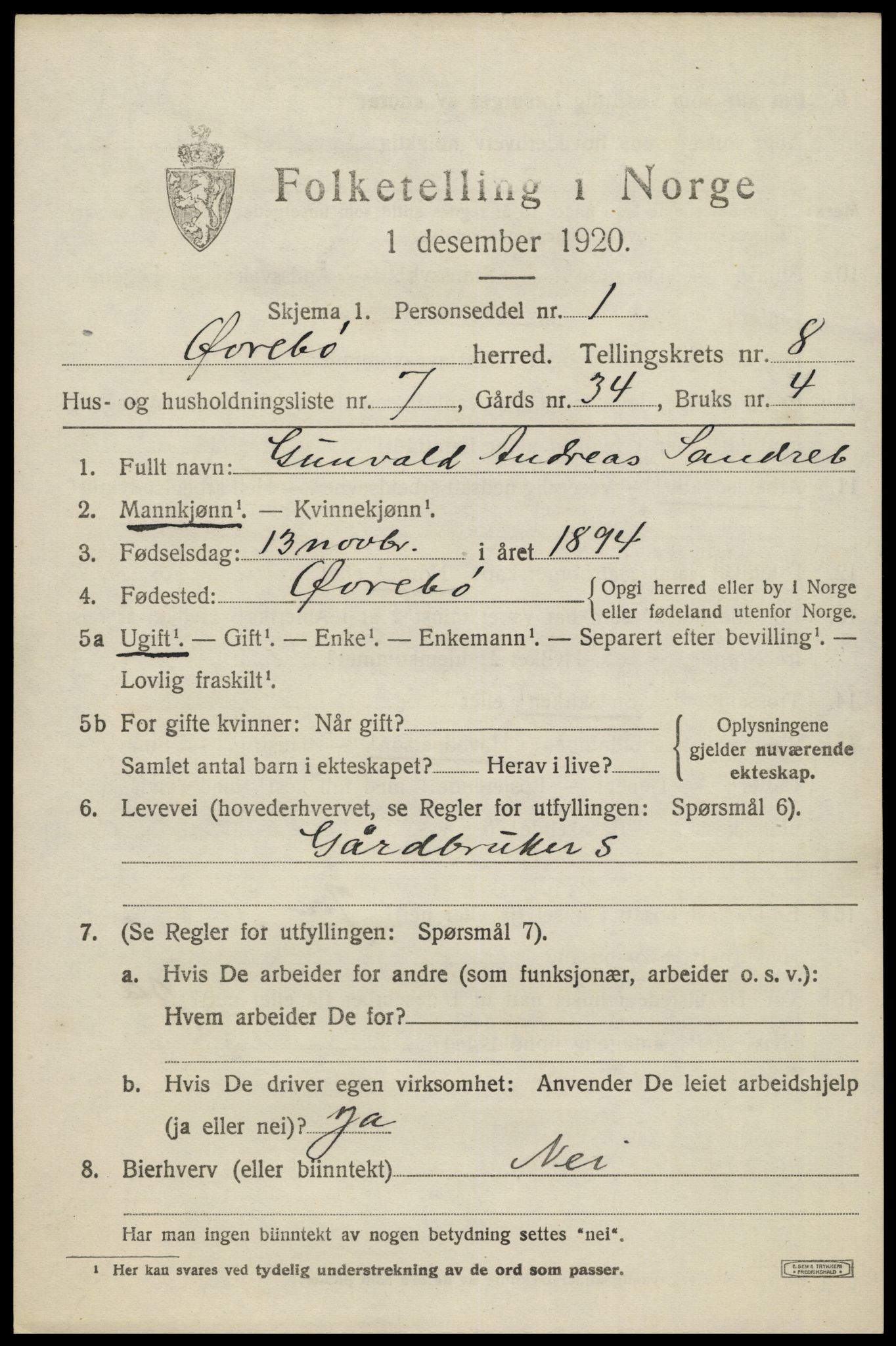 SAK, 1920 census for Øvrebø, 1920, p. 1776