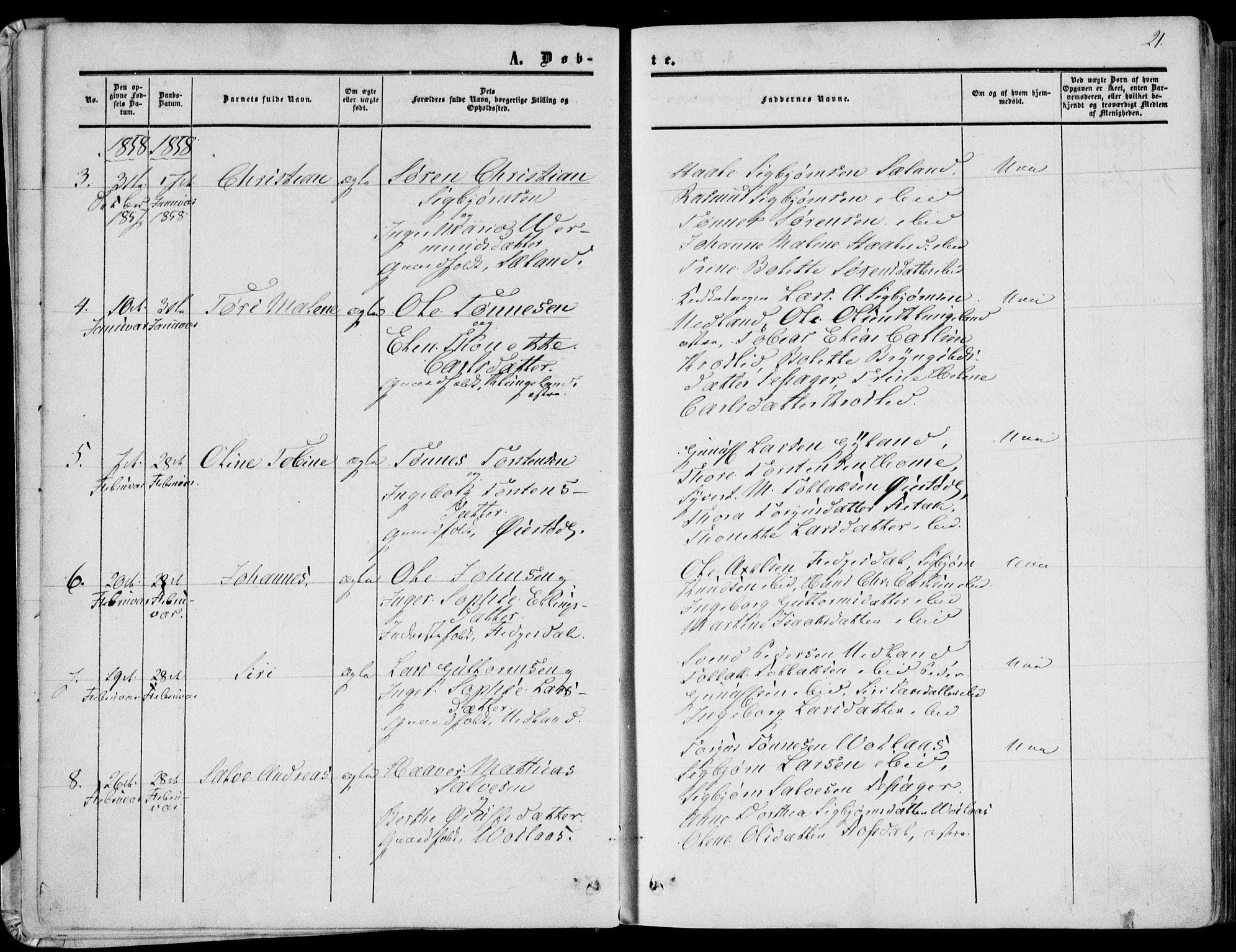 Bakke sokneprestkontor, AV/SAK-1111-0002/F/Fa/Fab/L0002: Parish register (official) no. A 2, 1855-1884, p. 21