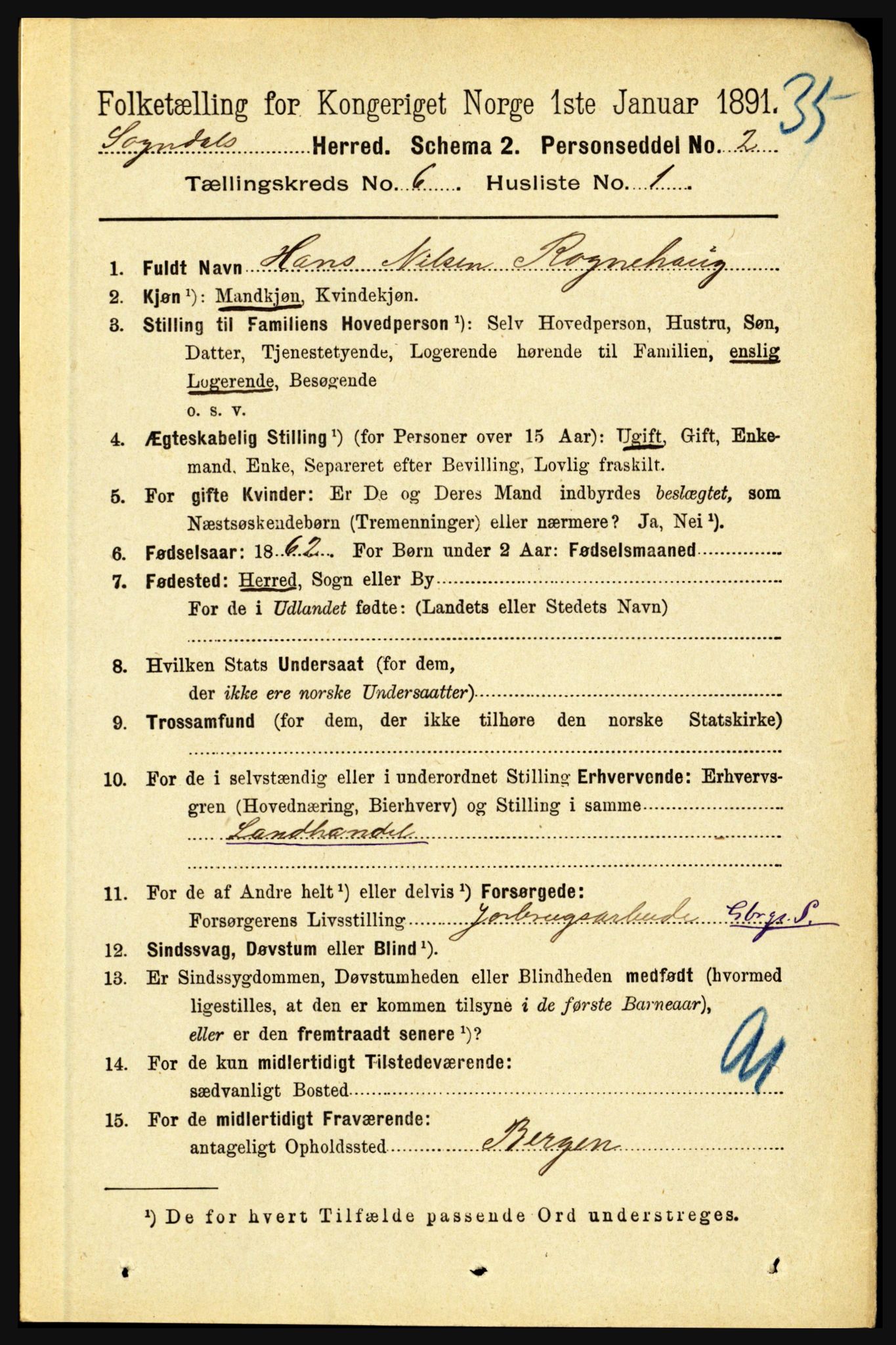 RA, 1891 census for 1420 Sogndal, 1891, p. 2604