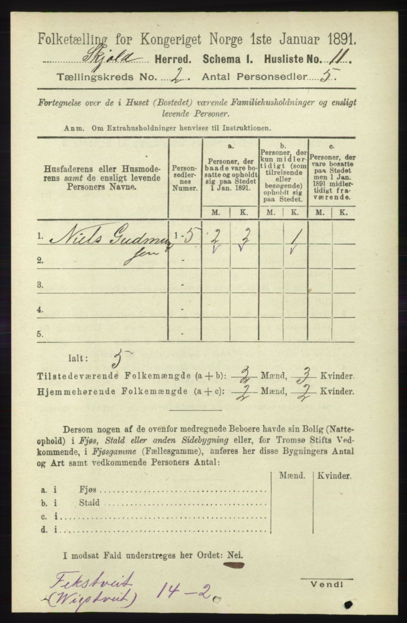 RA, 1891 census for 1154 Skjold, 1891, p. 275