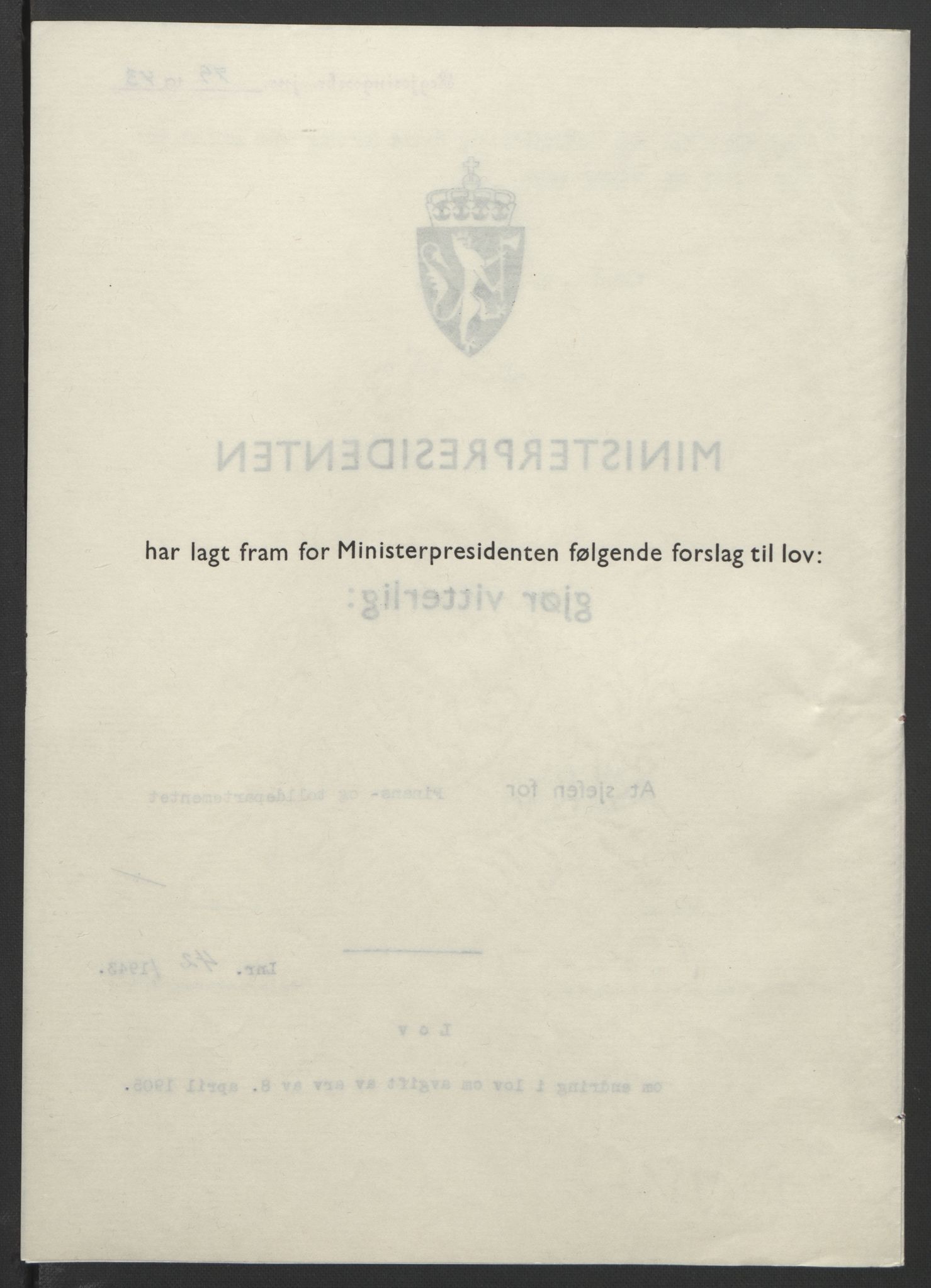 NS-administrasjonen 1940-1945 (Statsrådsekretariatet, de kommisariske statsråder mm), RA/S-4279/D/Db/L0099: Lover, 1943, p. 185