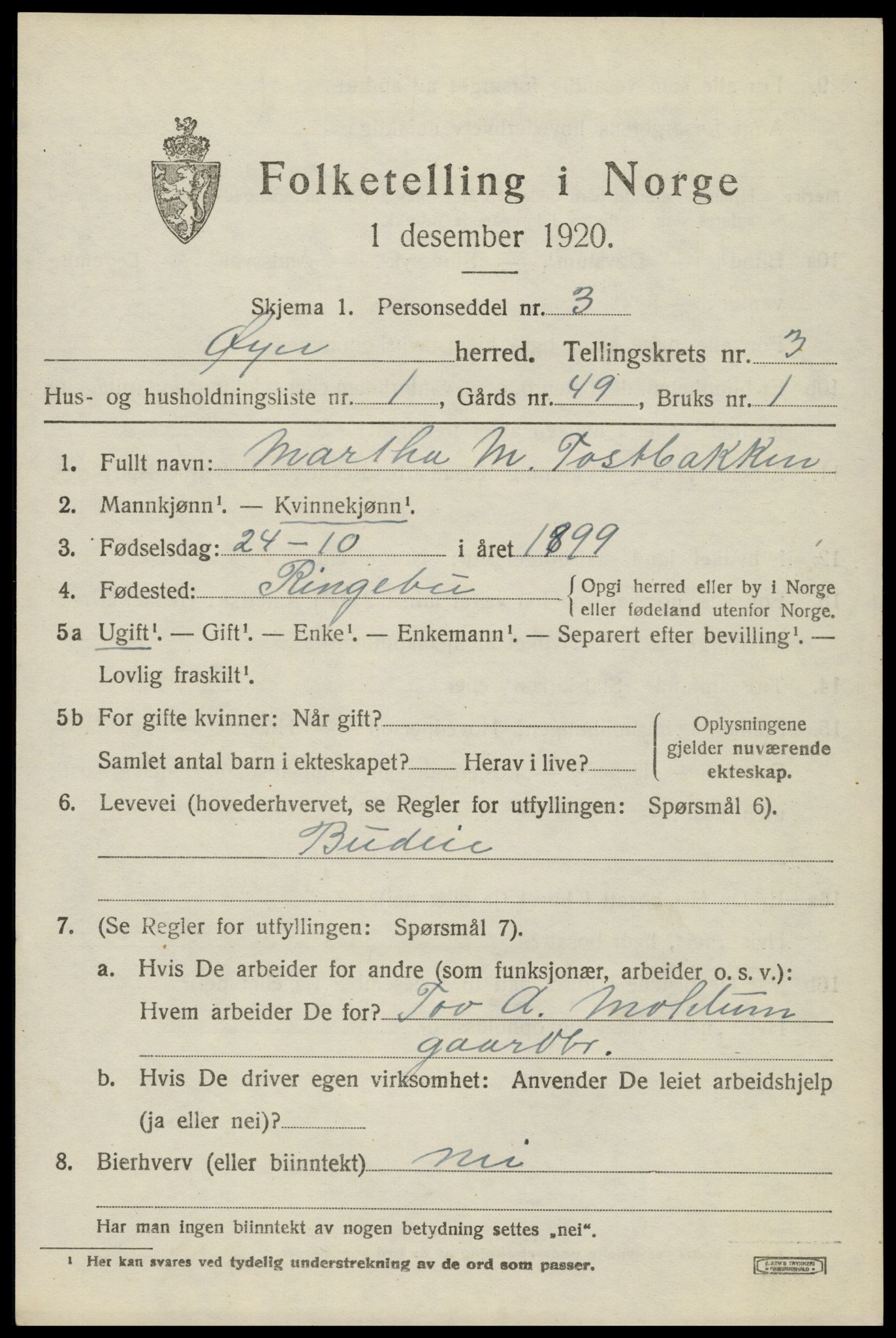 SAH, 1920 census for Øyer, 1920, p. 3287