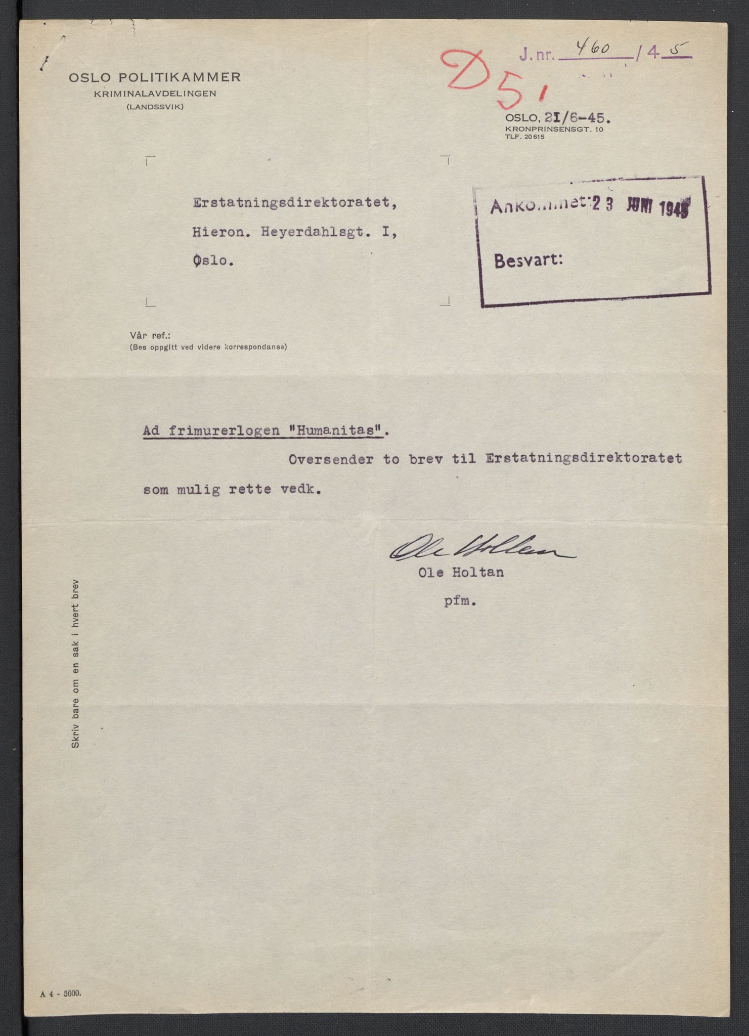 Landssvikarkivet, Oslo politikammer, AV/RA-S-3138-01/D/Da/L0003: Dnr. 29, 1945, p. 2709