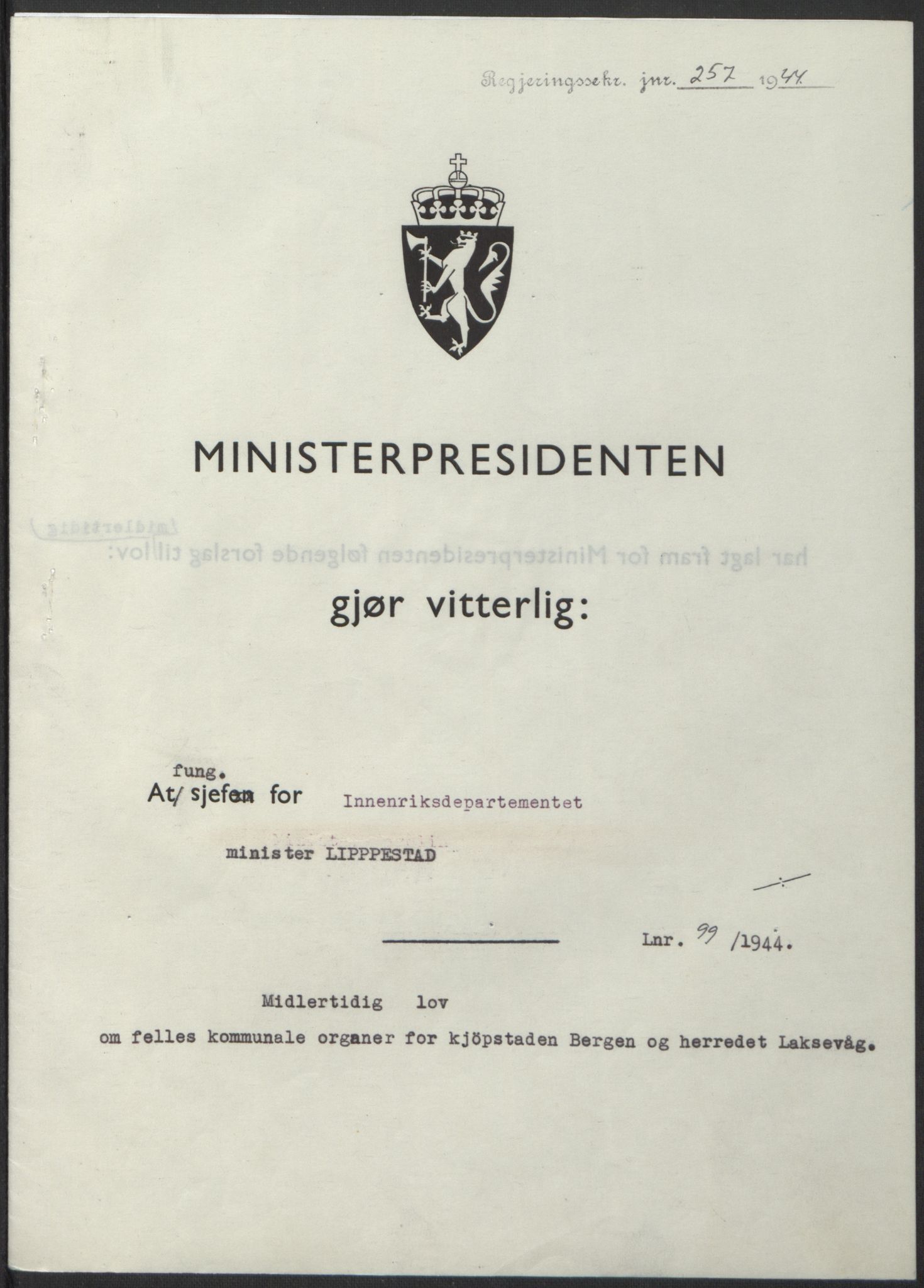 NS-administrasjonen 1940-1945 (Statsrådsekretariatet, de kommisariske statsråder mm), RA/S-4279/D/Db/L0100: Lover, 1944, p. 472