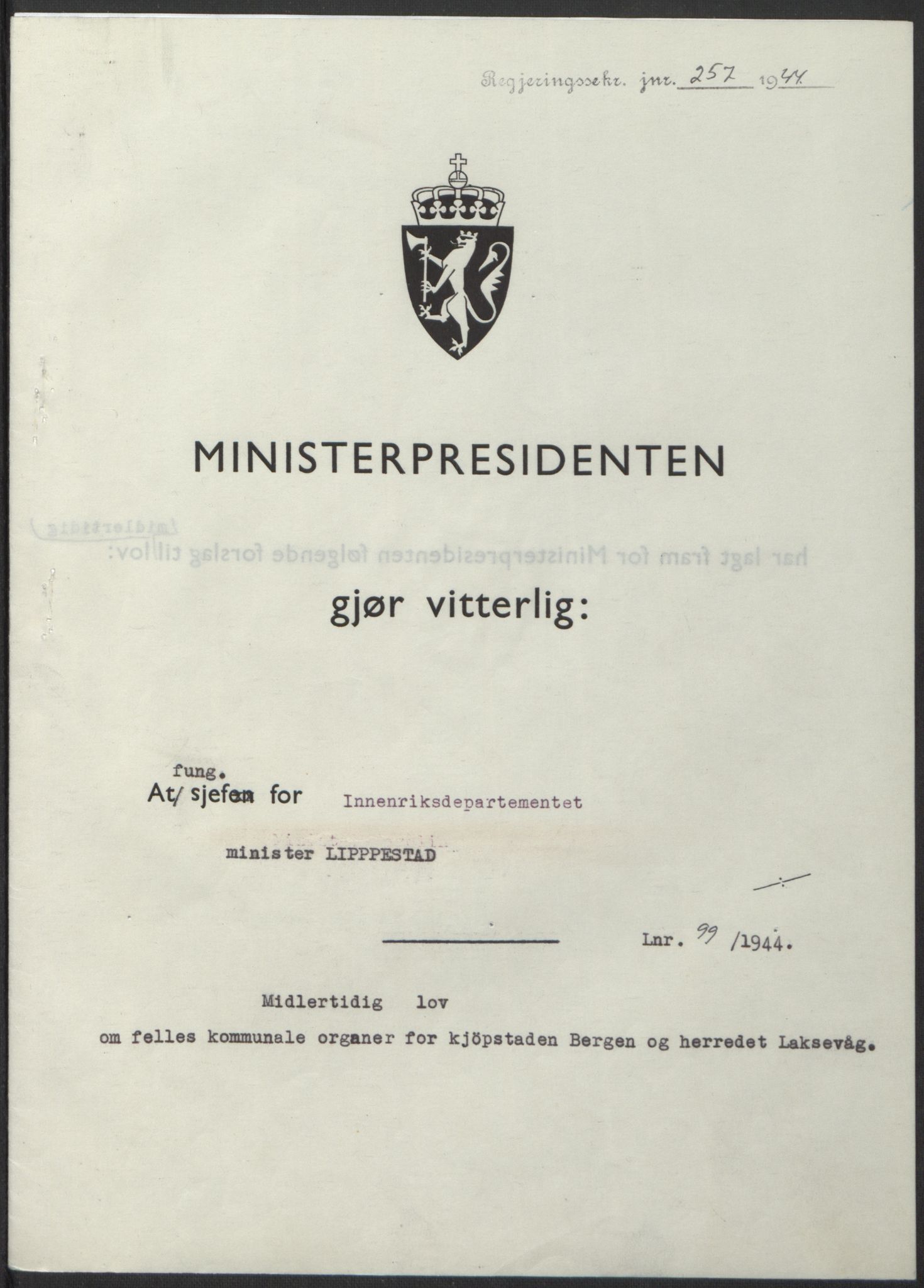 NS-administrasjonen 1940-1945 (Statsrådsekretariatet, de kommisariske statsråder mm), AV/RA-S-4279/D/Db/L0100: Lover, 1944, p. 472