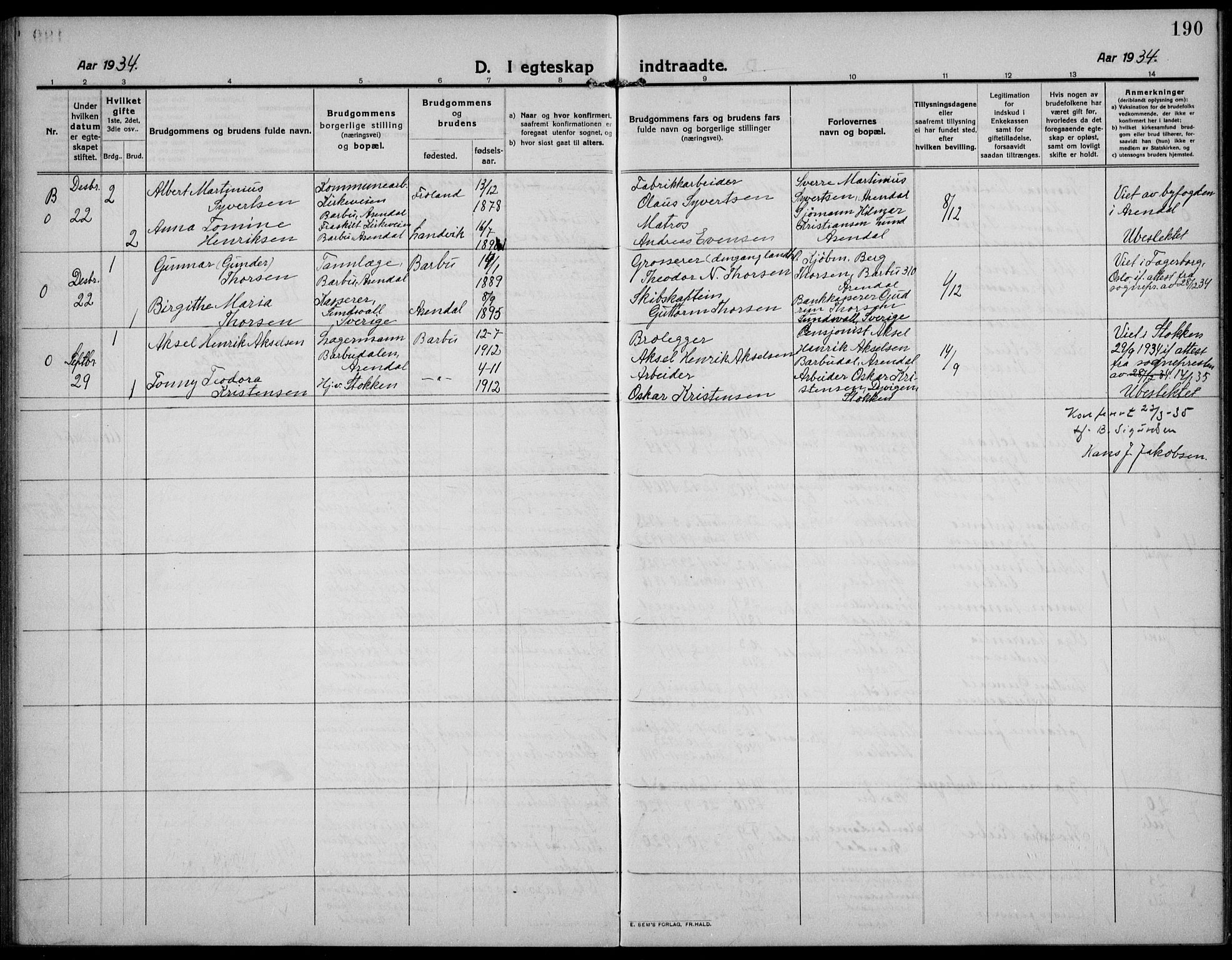 Barbu sokneprestkontor, SAK/1111-0003/F/Fb/L0004: Parish register (copy) no. B 4, 1911-1936, p. 190