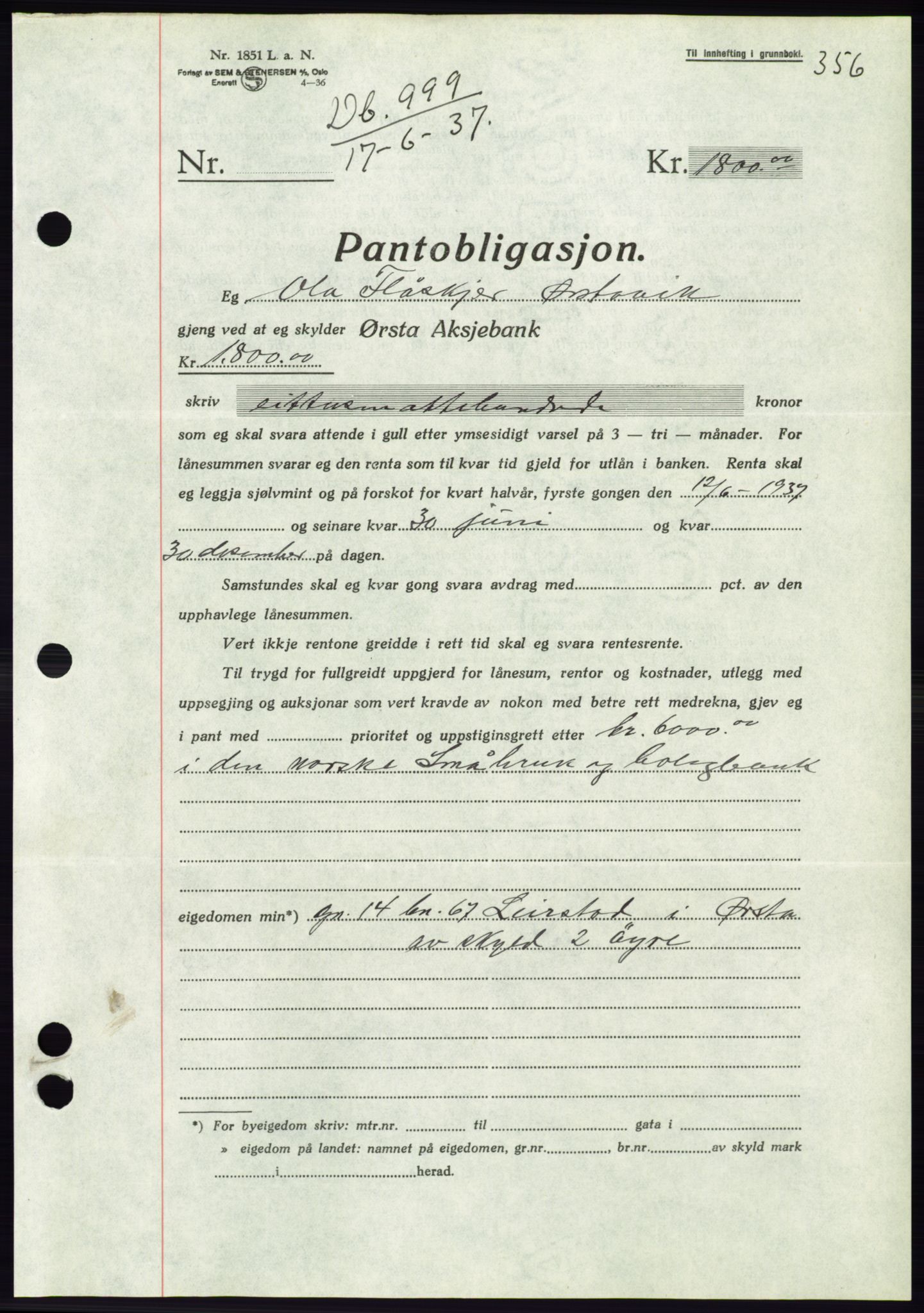 Søre Sunnmøre sorenskriveri, AV/SAT-A-4122/1/2/2C/L0063: Mortgage book no. 57, 1937-1937, Diary no: : 999/1937