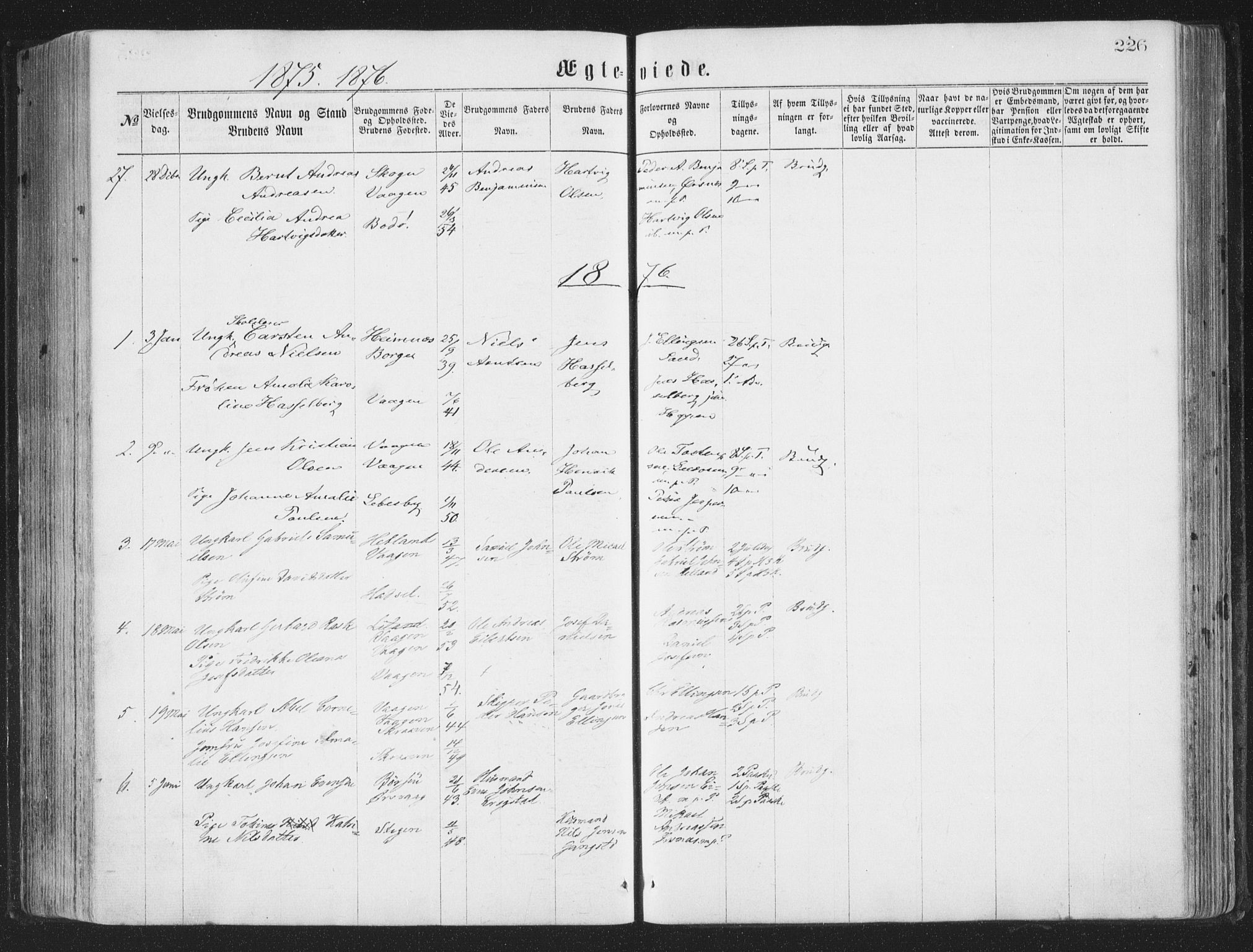 Ministerialprotokoller, klokkerbøker og fødselsregistre - Nordland, AV/SAT-A-1459/874/L1057: Parish register (official) no. 874A01, 1866-1877, p. 226