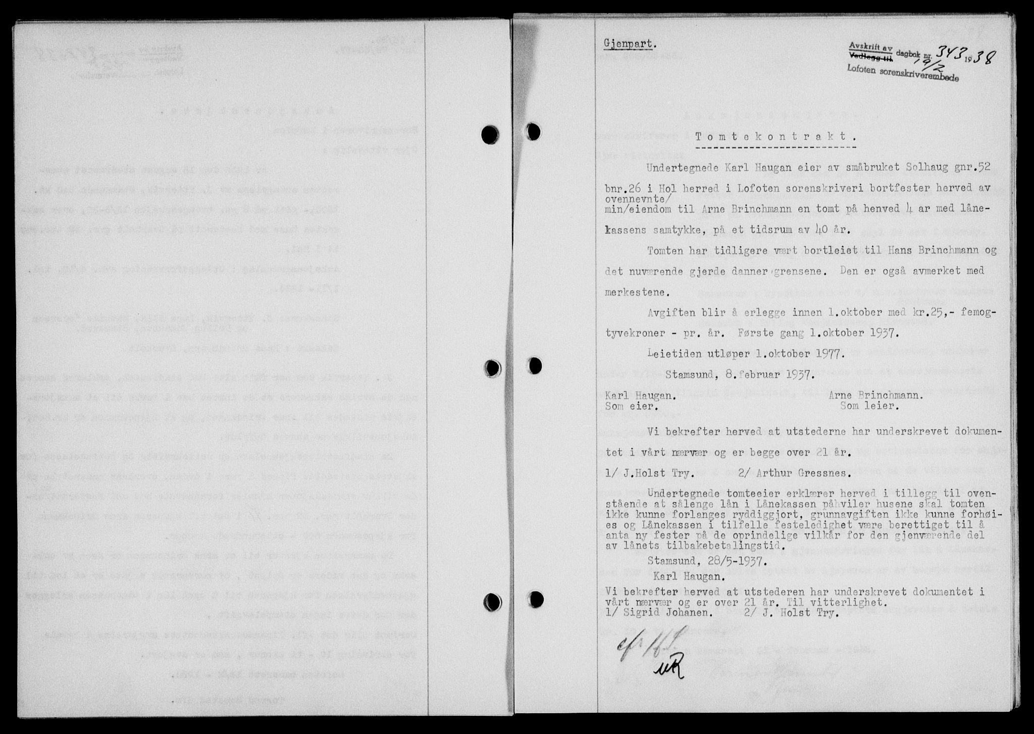 Lofoten sorenskriveri, SAT/A-0017/1/2/2C/L0003a: Mortgage book no. 3a, 1937-1938, Diary no: : 343/1938