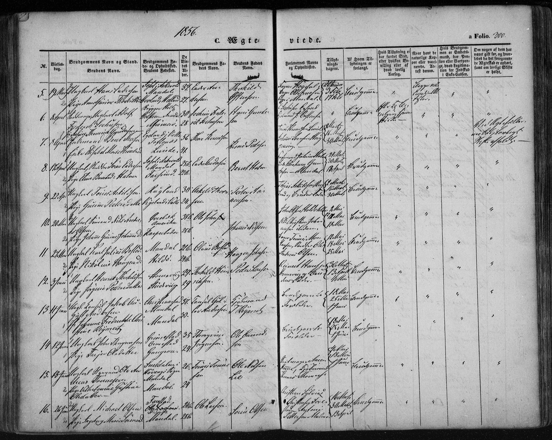 Mandal sokneprestkontor, SAK/1111-0030/F/Fa/Faa/L0013: Parish register (official) no. A 13, 1847-1859, p. 300