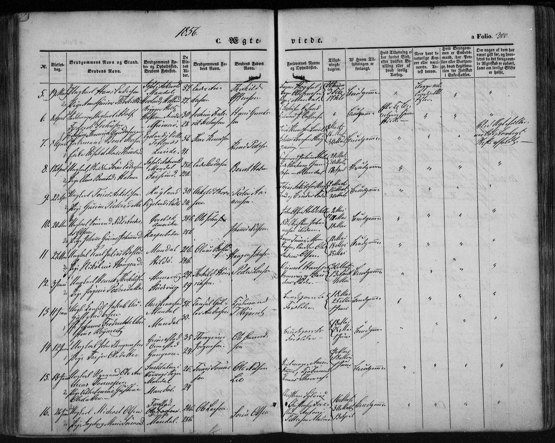 Mandal sokneprestkontor, AV/SAK-1111-0030/F/Fa/Faa/L0013: Parish register (official) no. A 13, 1847-1859, p. 300