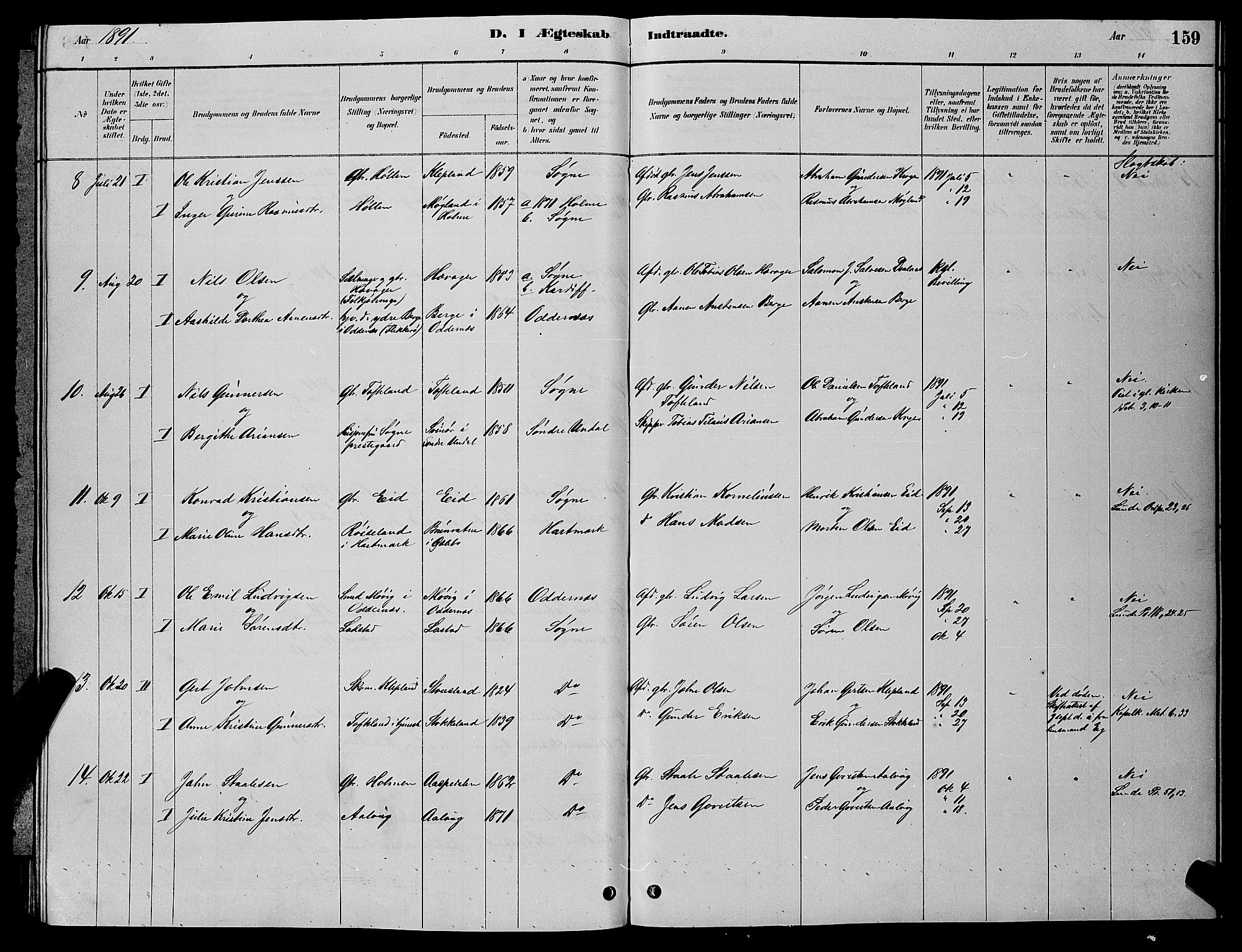 Søgne sokneprestkontor, SAK/1111-0037/F/Fb/Fbb/L0005: Parish register (copy) no. B 5, 1884-1891, p. 159