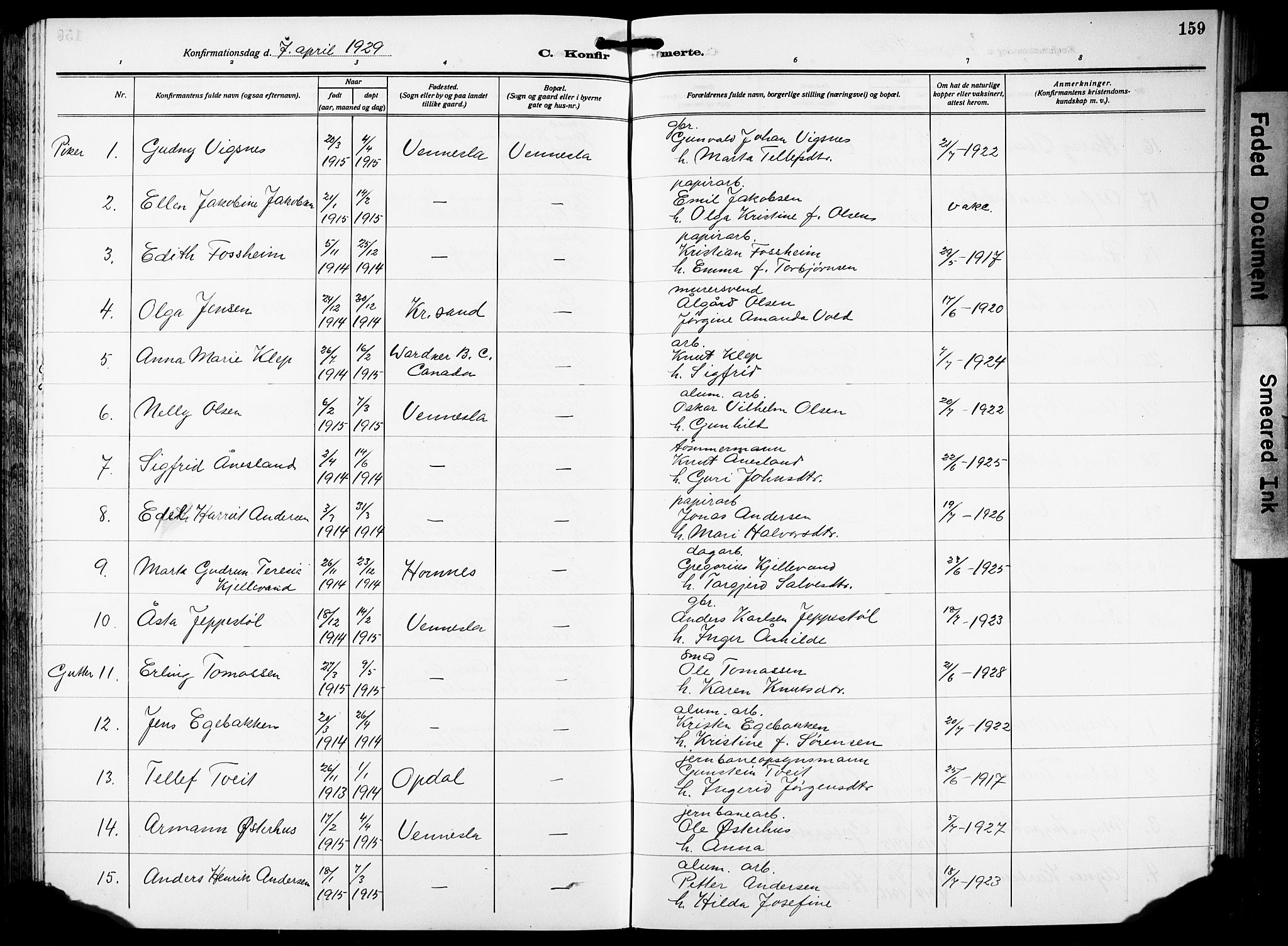 Vennesla sokneprestkontor, AV/SAK-1111-0045/Fb/Fbb/L0007: Parish register (copy) no. B 7, 1922-1933, p. 159