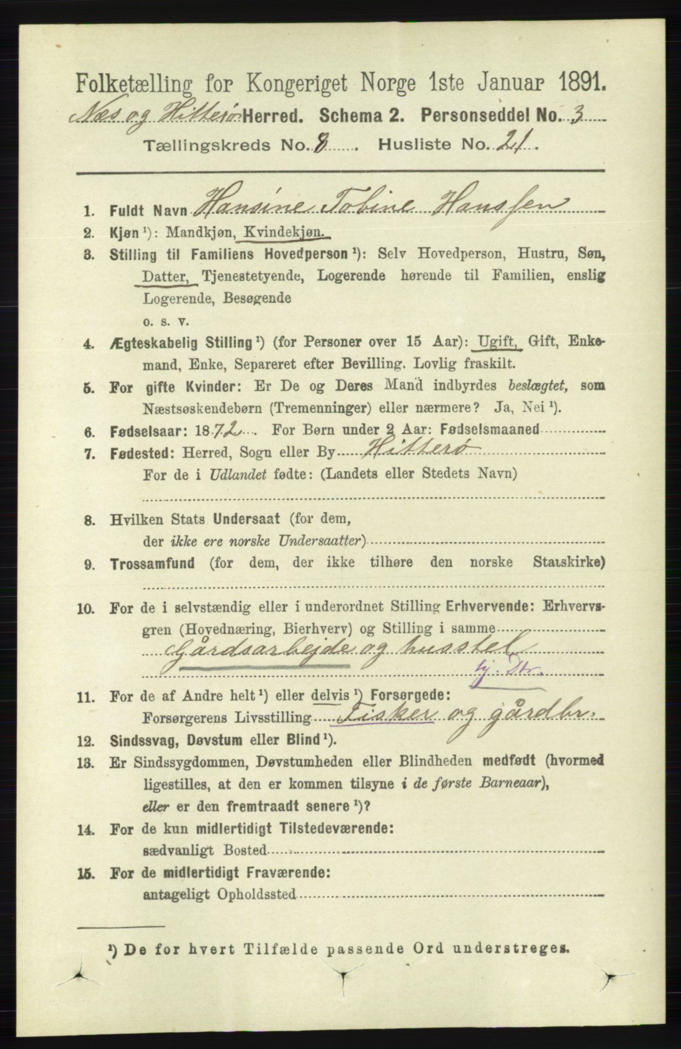 RA, 1891 census for 1043 Hidra og Nes, 1891, p. 3440