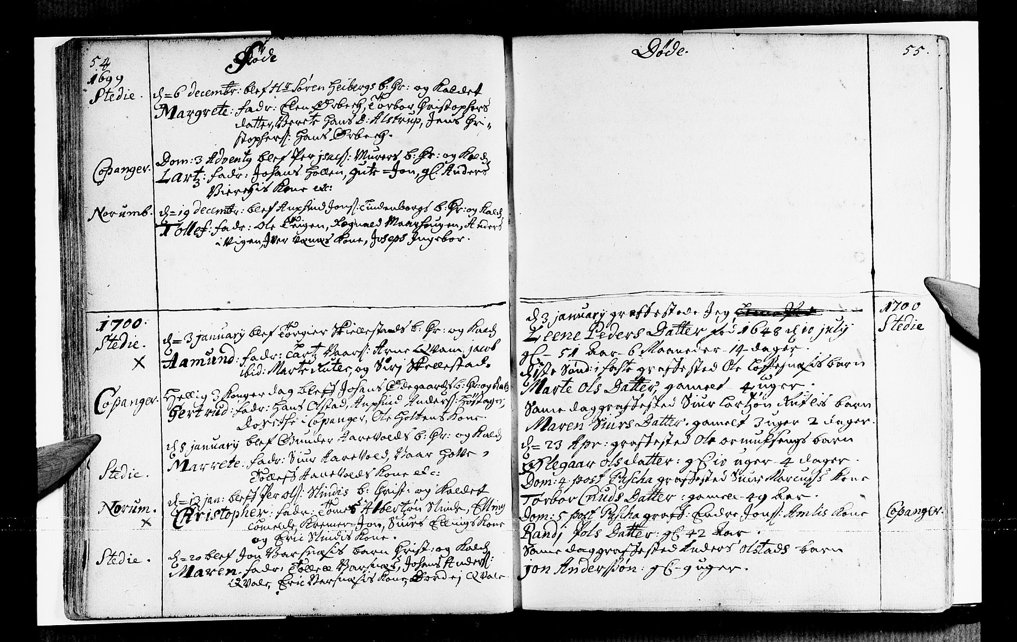 Sogndal sokneprestembete, SAB/A-81301/H/Haa/Haaa/L0001: Parish register (official) no. A 1, 1689-1713, p. 54-55