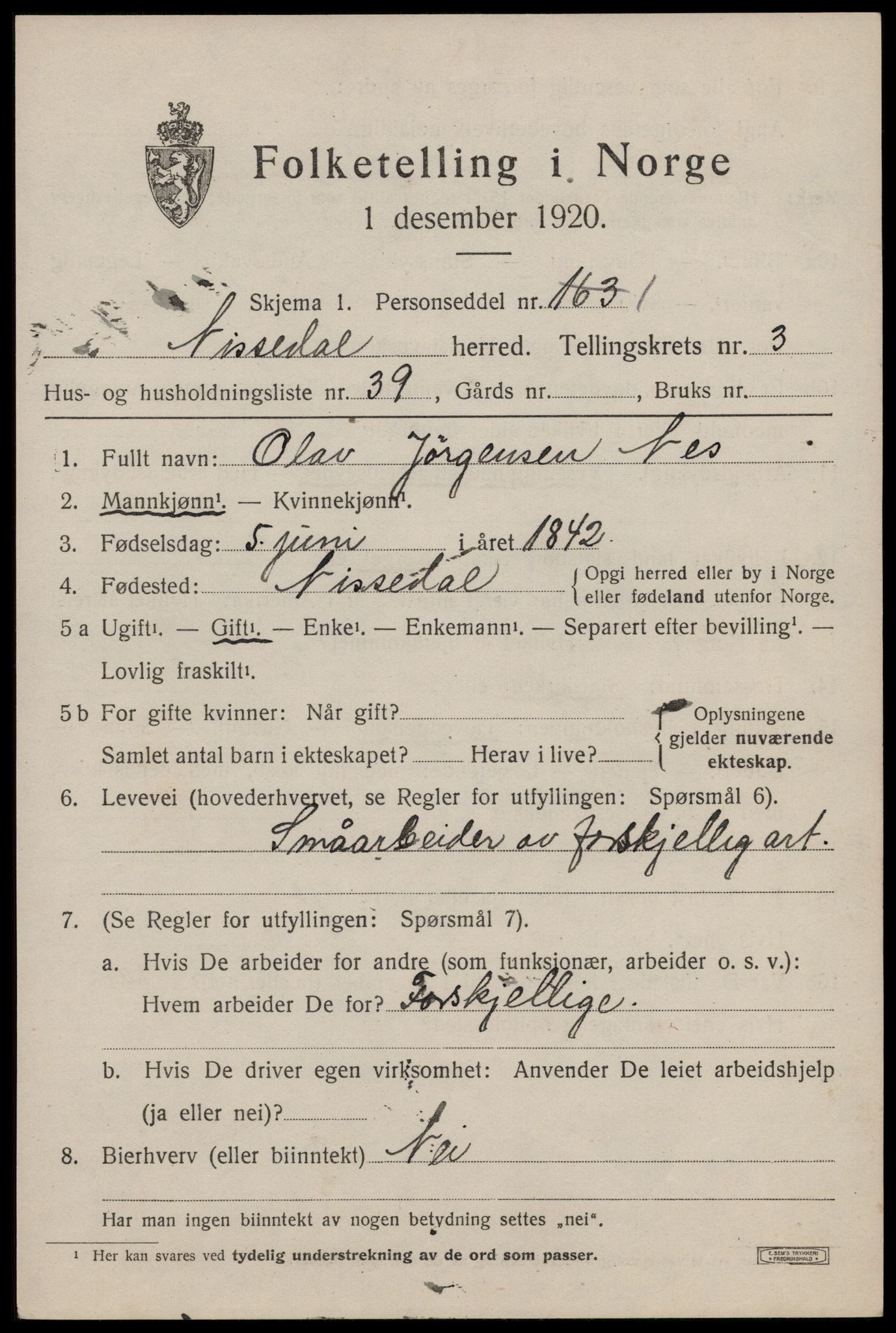 SAKO, 1920 census for Nissedal, 1920, p. 1823