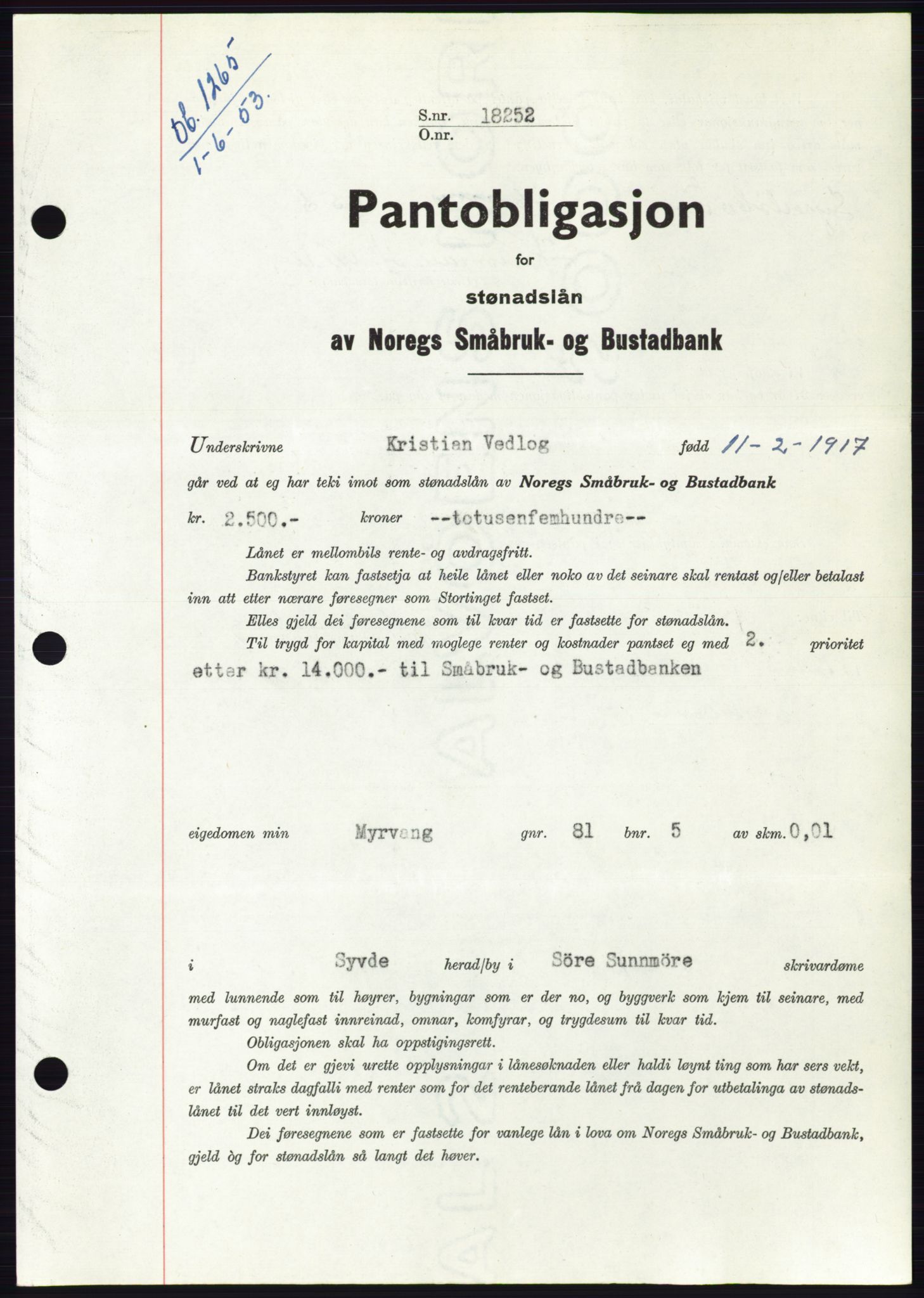 Søre Sunnmøre sorenskriveri, AV/SAT-A-4122/1/2/2C/L0123: Mortgage book no. 11B, 1953-1953, Diary no: : 1265/1953